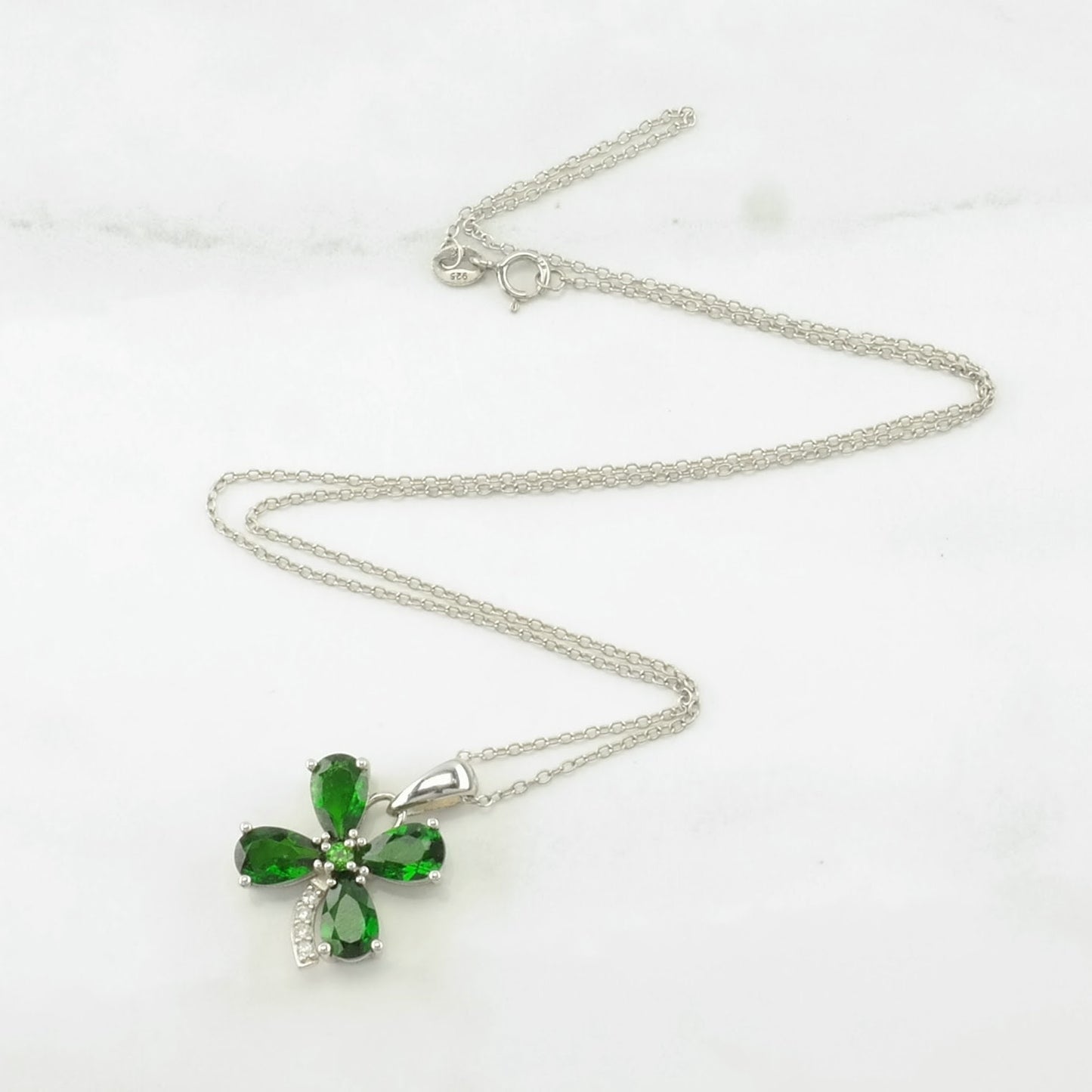 Four Leaf Clover Sterling Silver Green Chrome Diopside Necklace