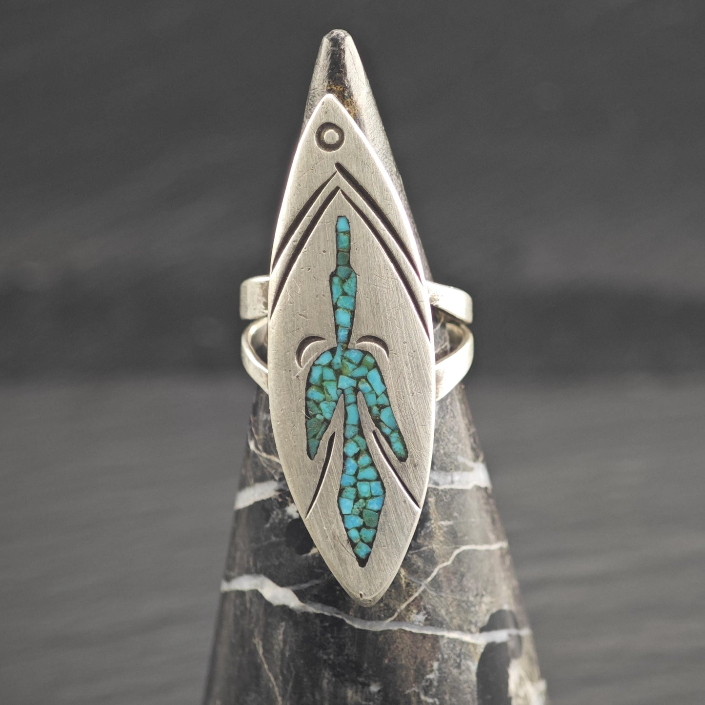 Native American Turquoise Inlay Thunderbird Sterling Silver Ring Sz 5 1/2 R6652