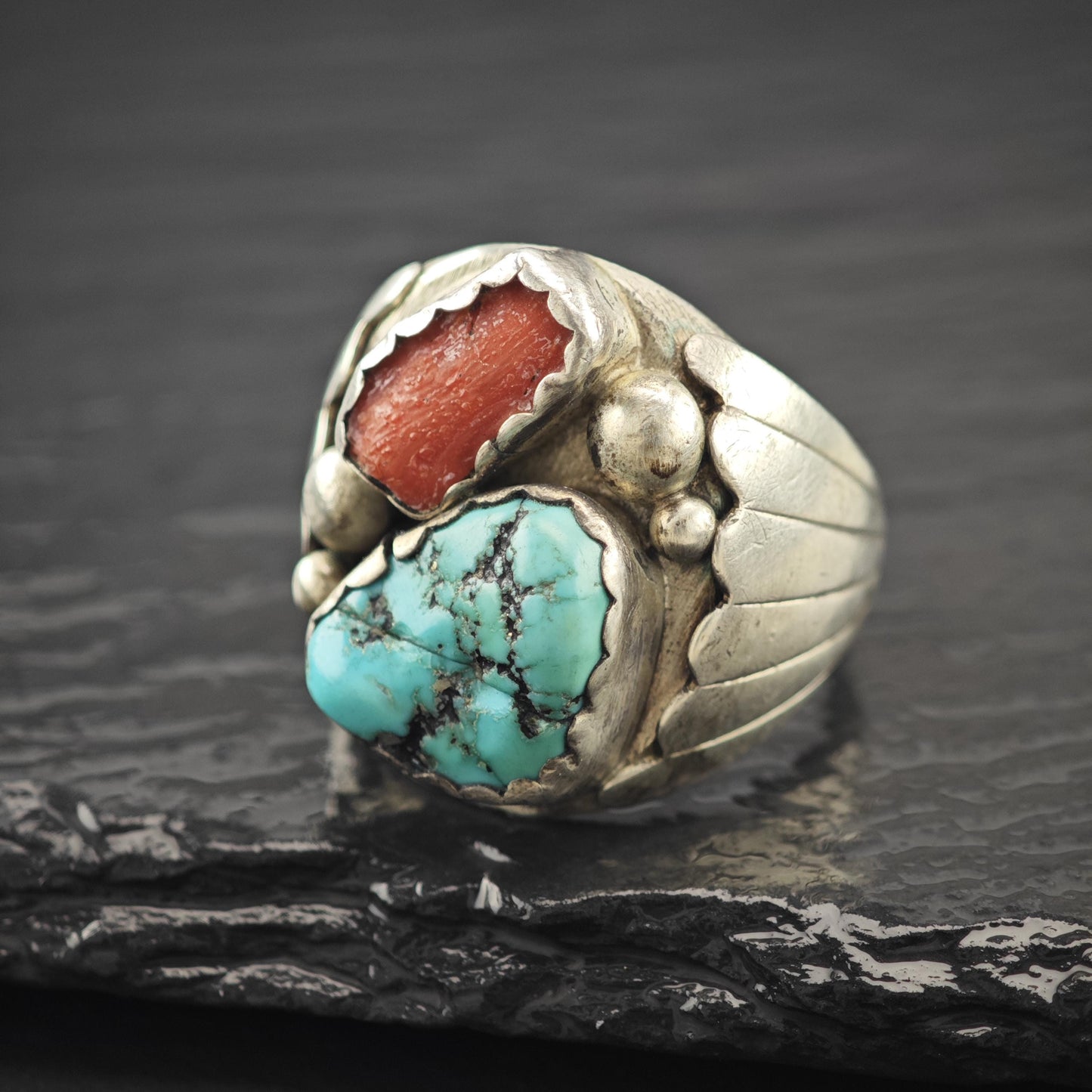 Native American Turquoise, Coral Ring Sterling Silver Size 9 3/4