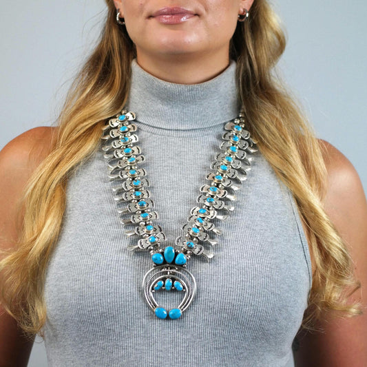 Vintage Navajo, Native American Turquoise Sterling Silver Squash Blossom Necklace N2766