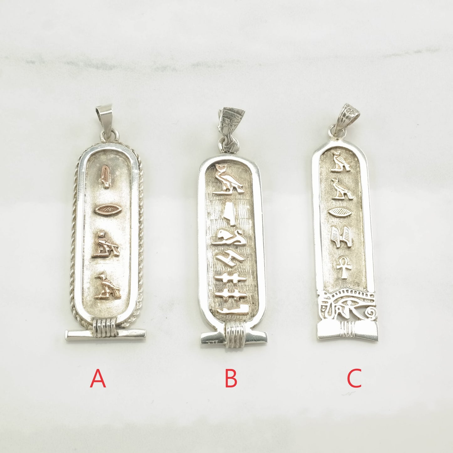 Vintage Egyptian Hieroglyph, Cartouche, Gold Accent Sterling Silver Pendant