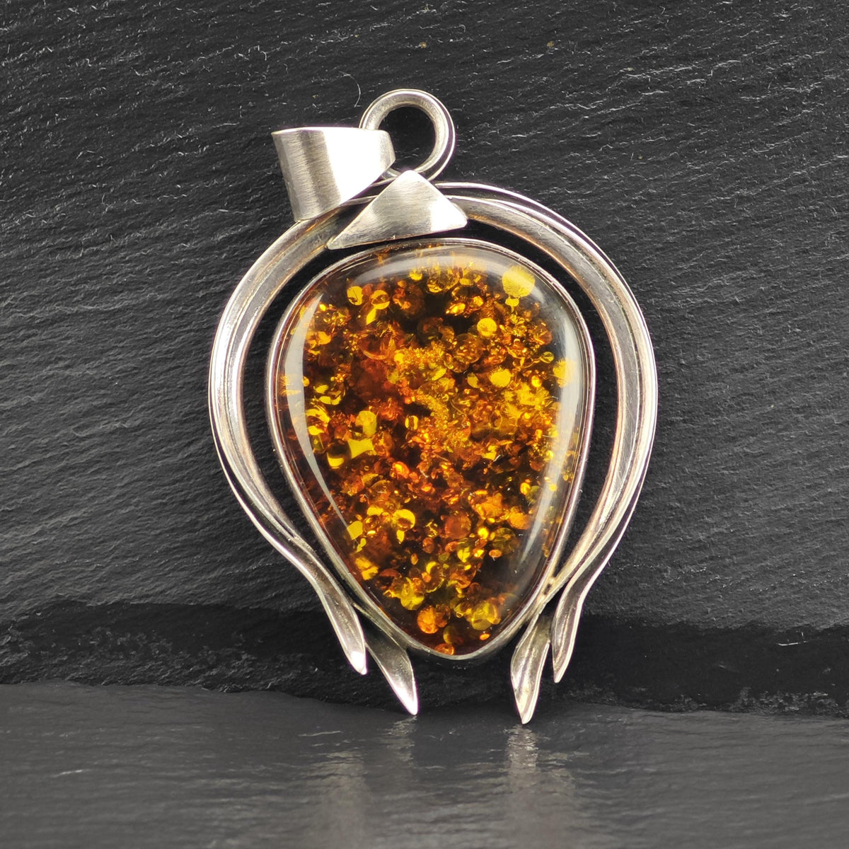 Large Teardrop Amber Sterling Silver Pendant P3125