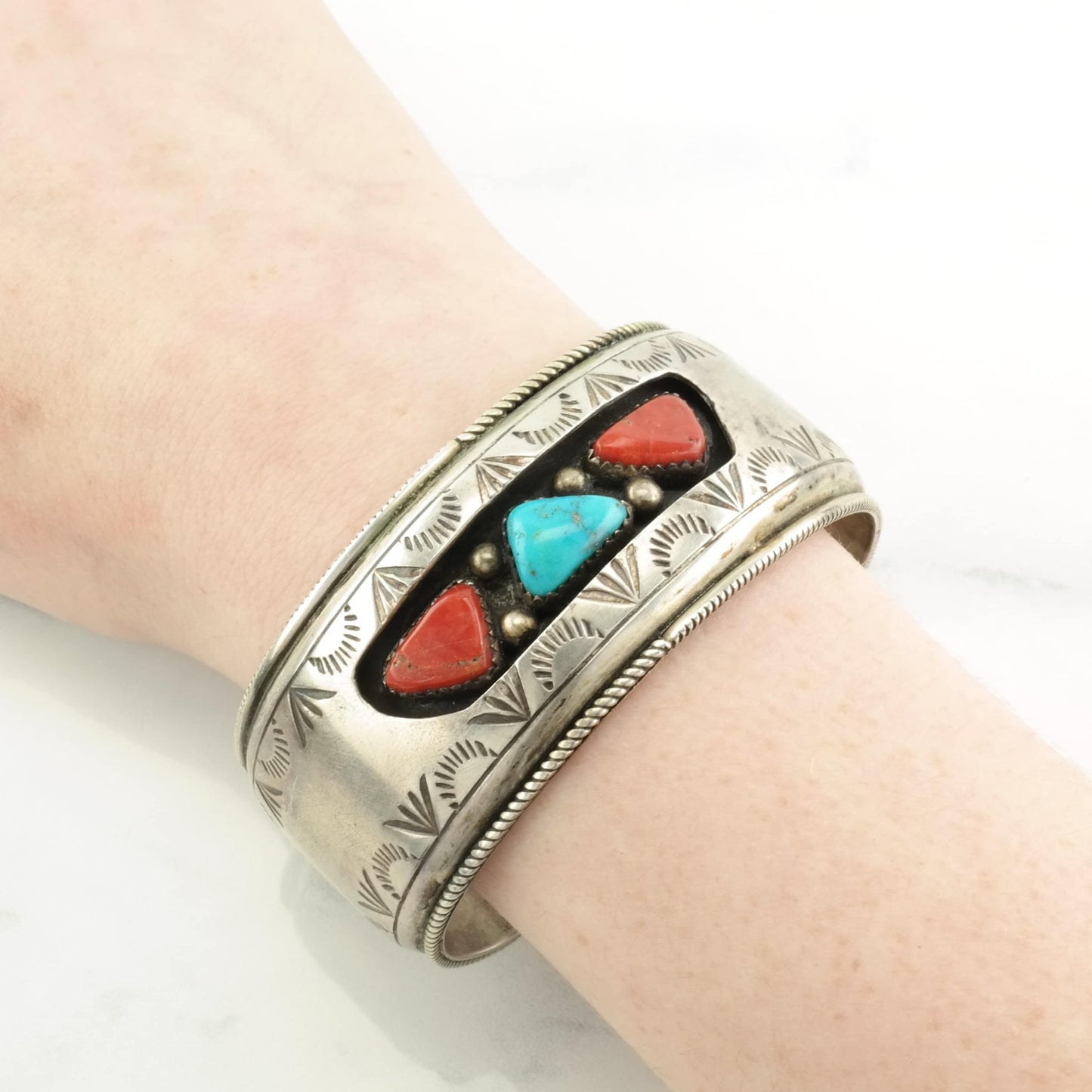 Native American Sterling Silver Cuff Bracelet Blue, Red Turquoise, Coral Stamped, Shadowbox