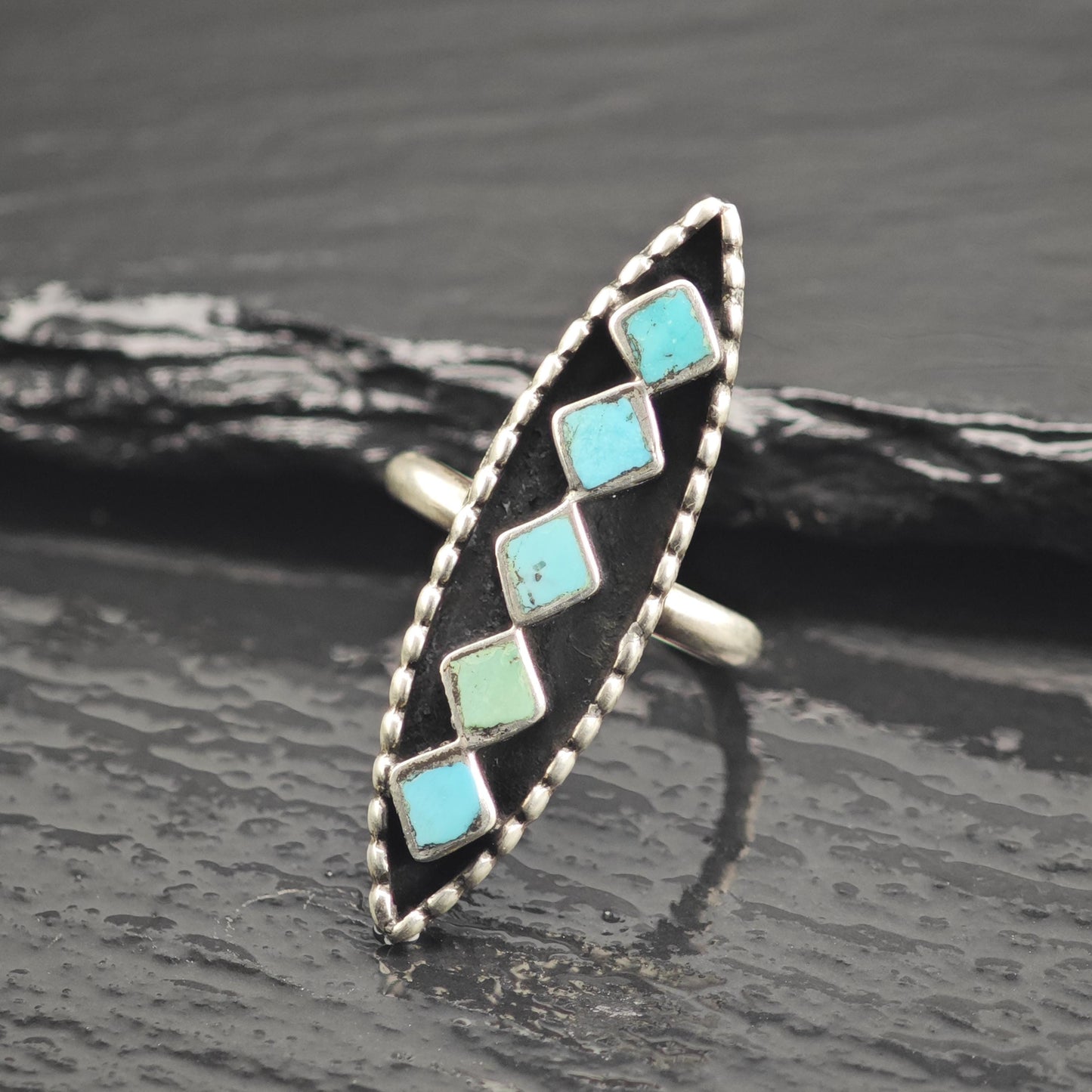 Zuni Square Turquoise Marquis Shape Sterling Silver Ring Sz 5 3/4 R6656