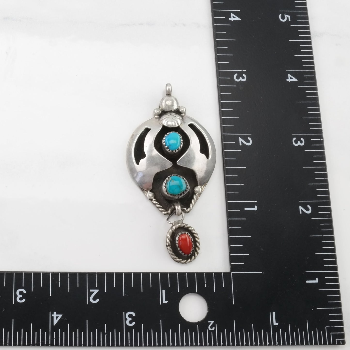 Native American Turquoise, Coral Shadowbox, Dangle Sterling Silver Pendant