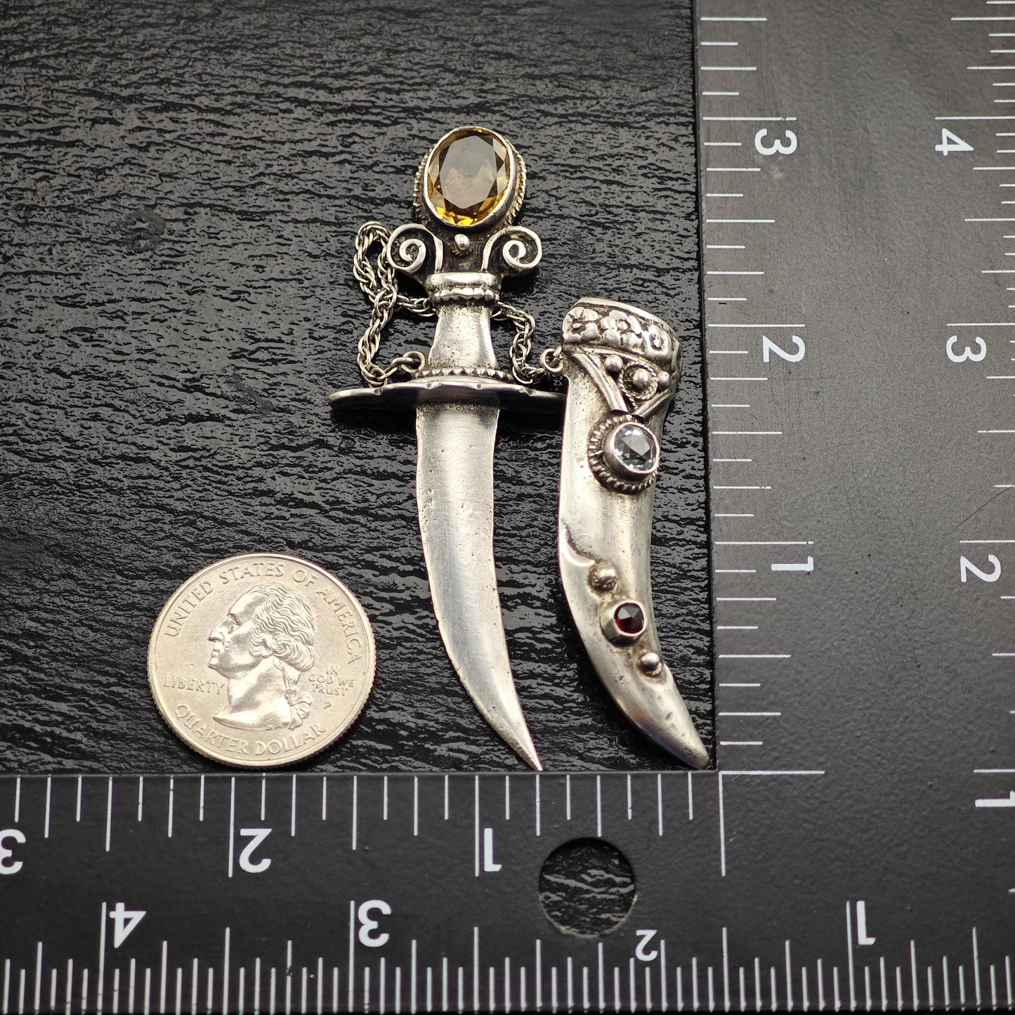 Handmade Sterling Silver Scimitar Brooch with Citrine Aquamarine Garnet Accents