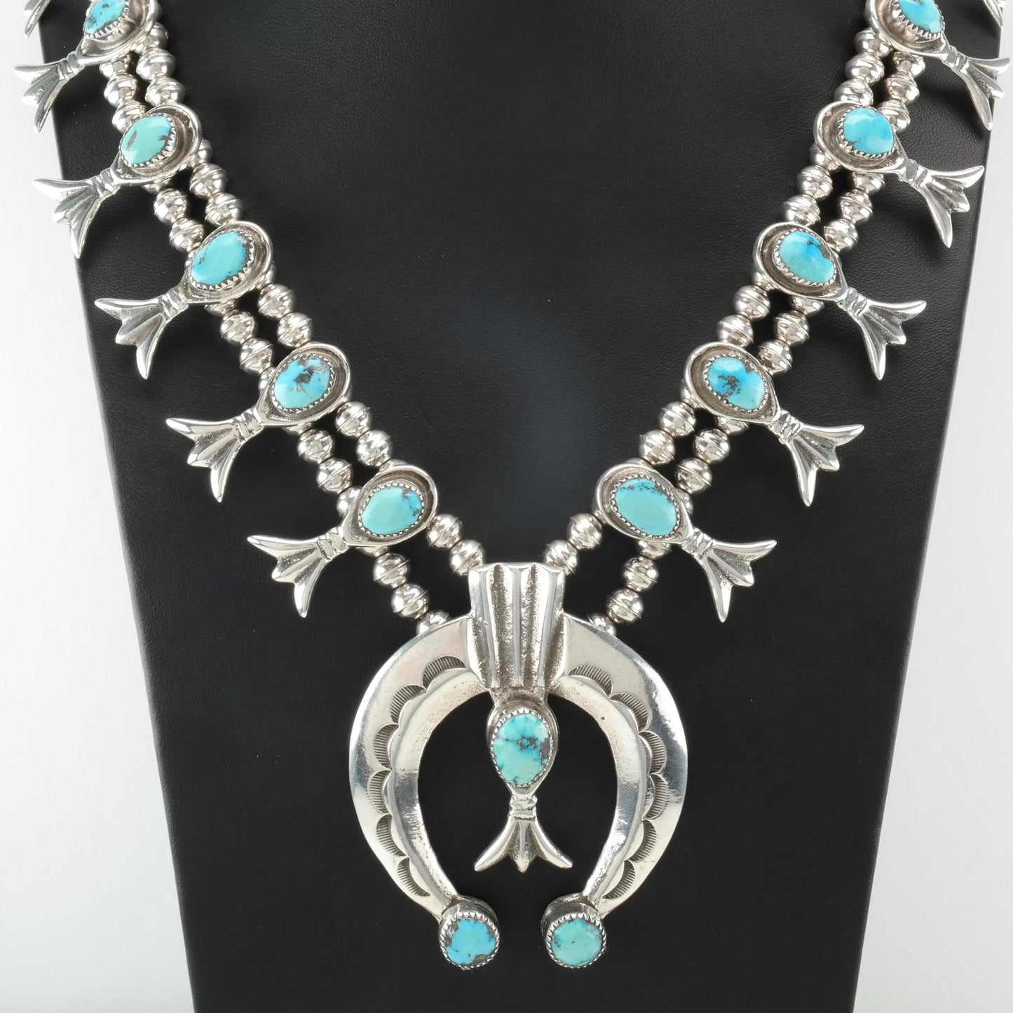 Vintage Native American Turquoise, Sand Cast Sterling Silver Squash Blossom Necklace