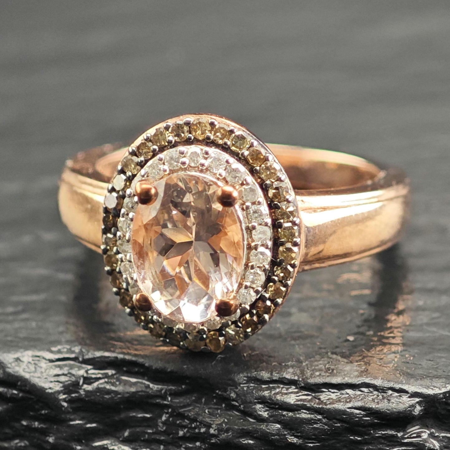 Morganite & Diamond Rose Gold Plated Sterling Silver Ring Sz 5 R6600