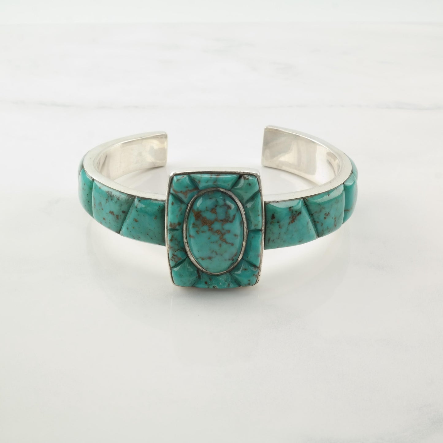 Southwest Turquoise Cobble Stone Inlay Cuff Bracelet Sterling Silver