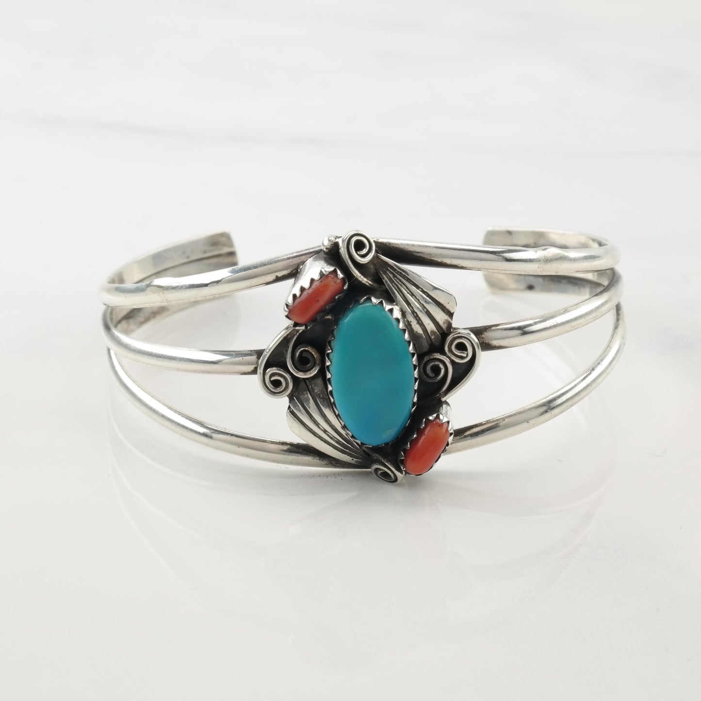 Native American Turquoise, Coral Sterling Silver Cuff Bracelet