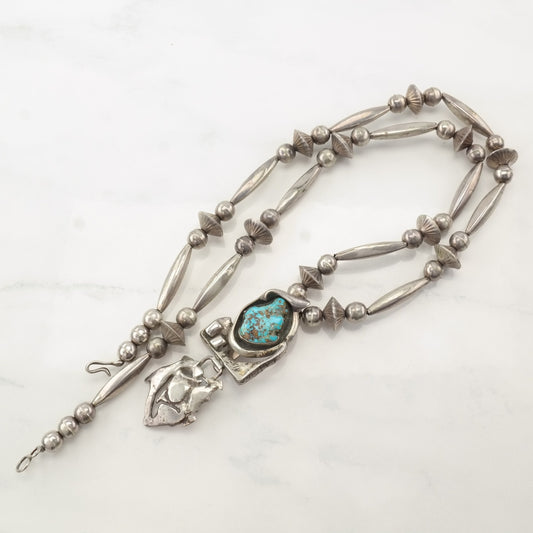 Native American Sterling Silver Blue Turquoise Brutalist Beaded Necklace