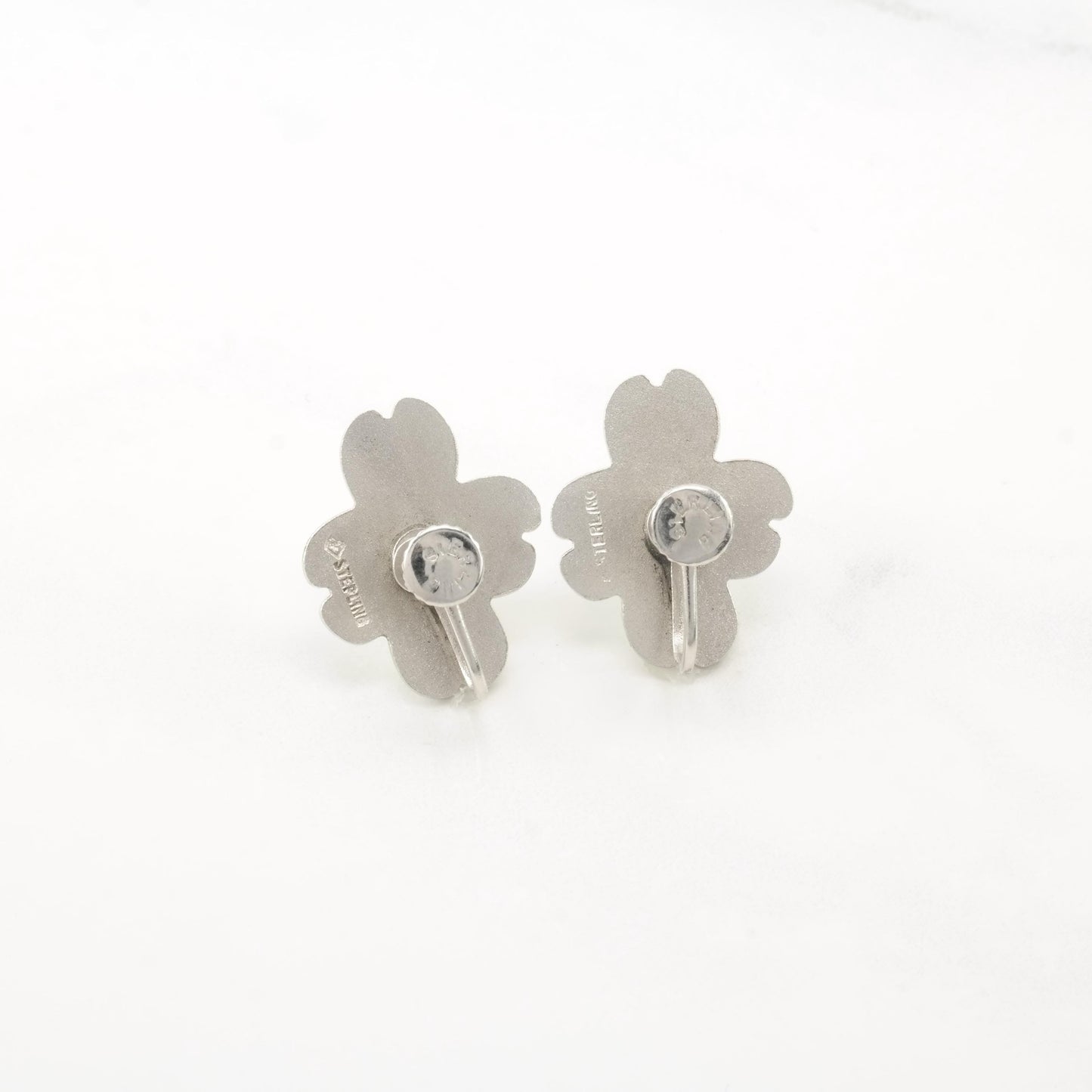 Vintage White, Brown Enamel Flower, Sterling Silver Screw Back Earrings