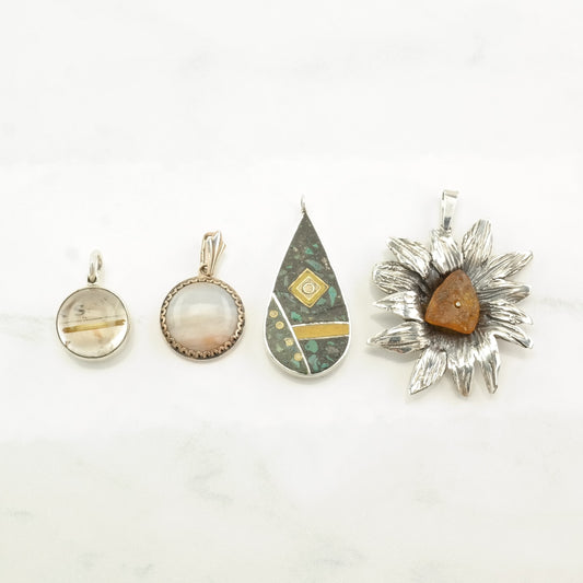 Vintage Quartz, Agate, Turquoise, Citrine Sterling Silver Pendant