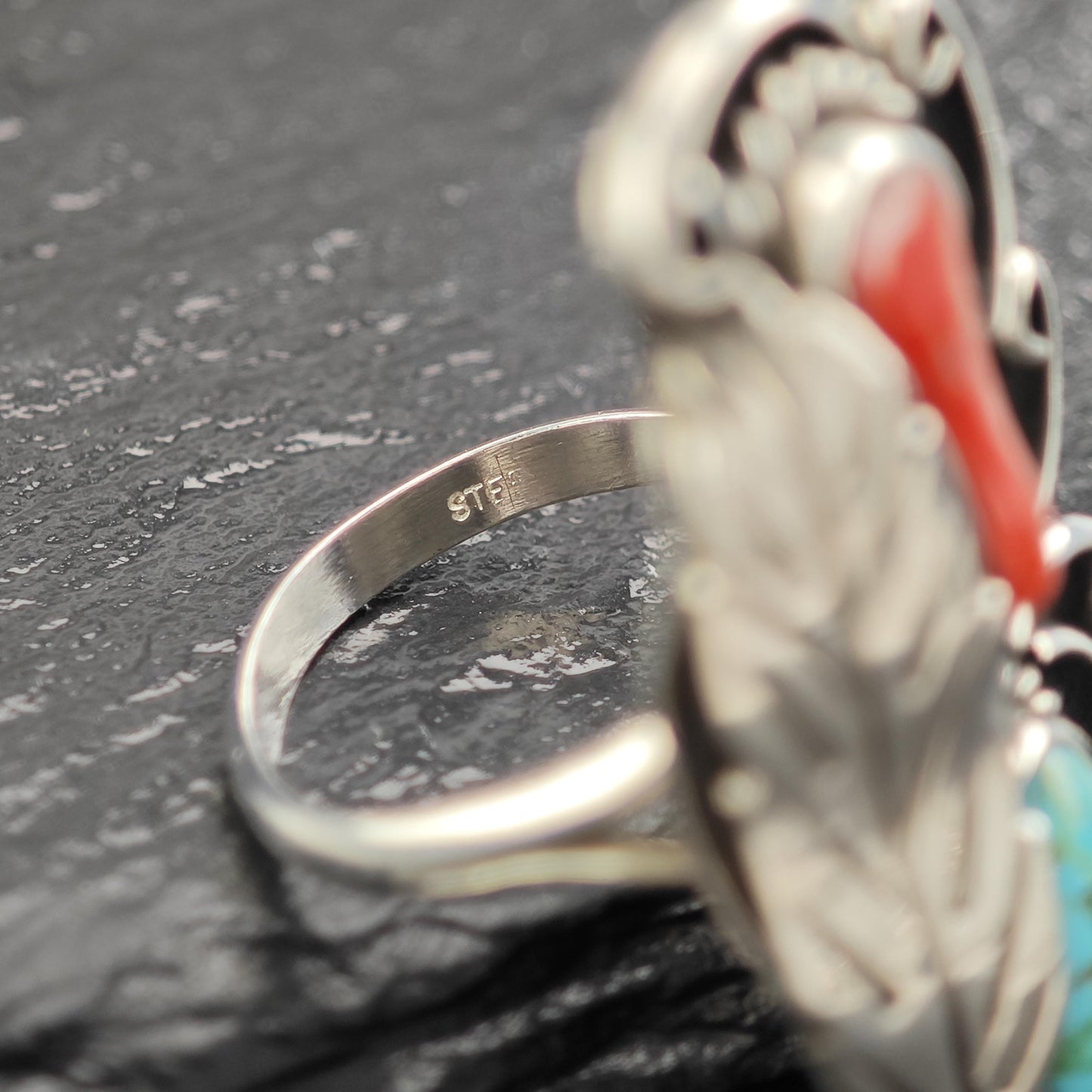 Turquoise Coral Ring Sterling Silver Native American R5826