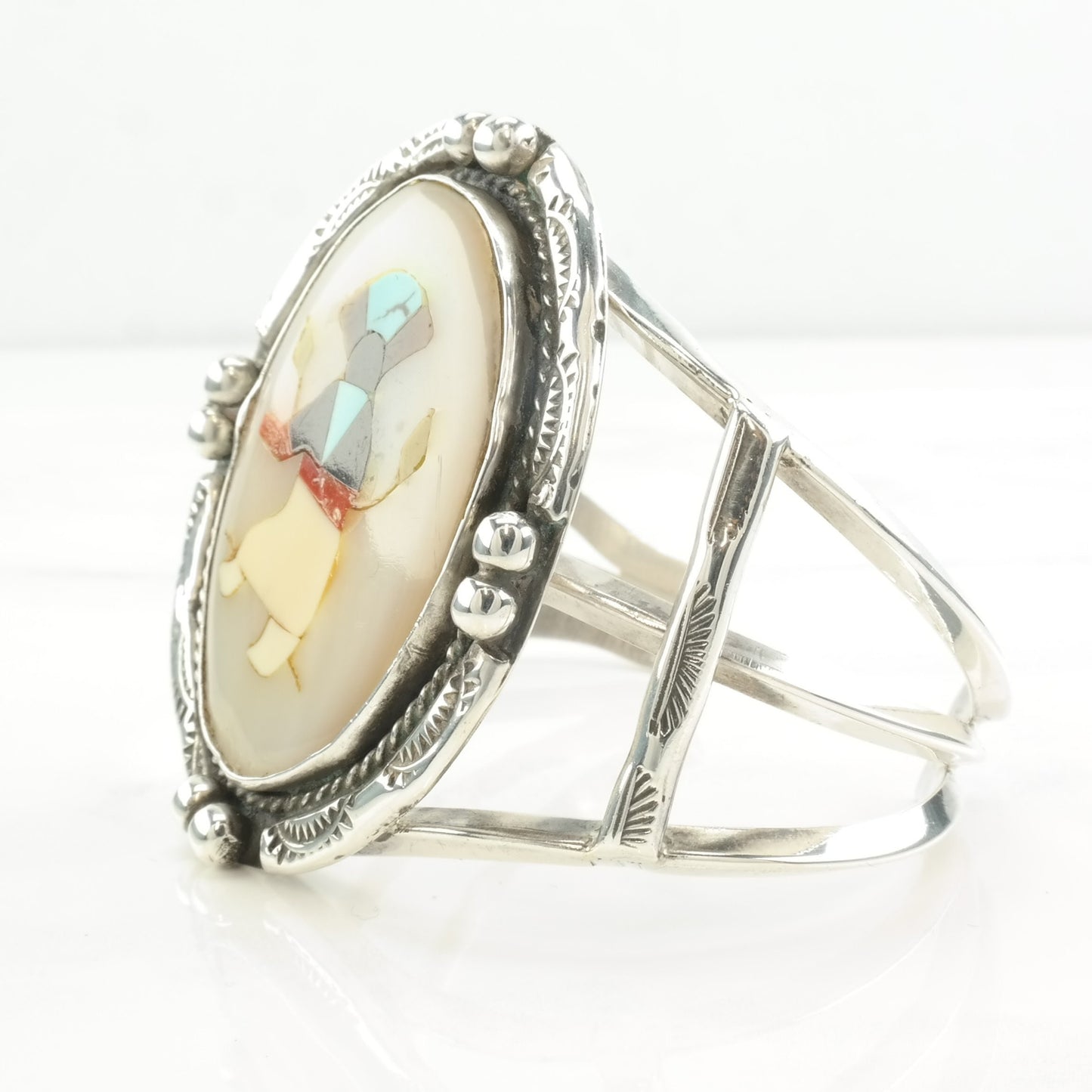 Native American Sterling Silver MOP Coral Turquoise Onyx Inlay Cuff Bracelet