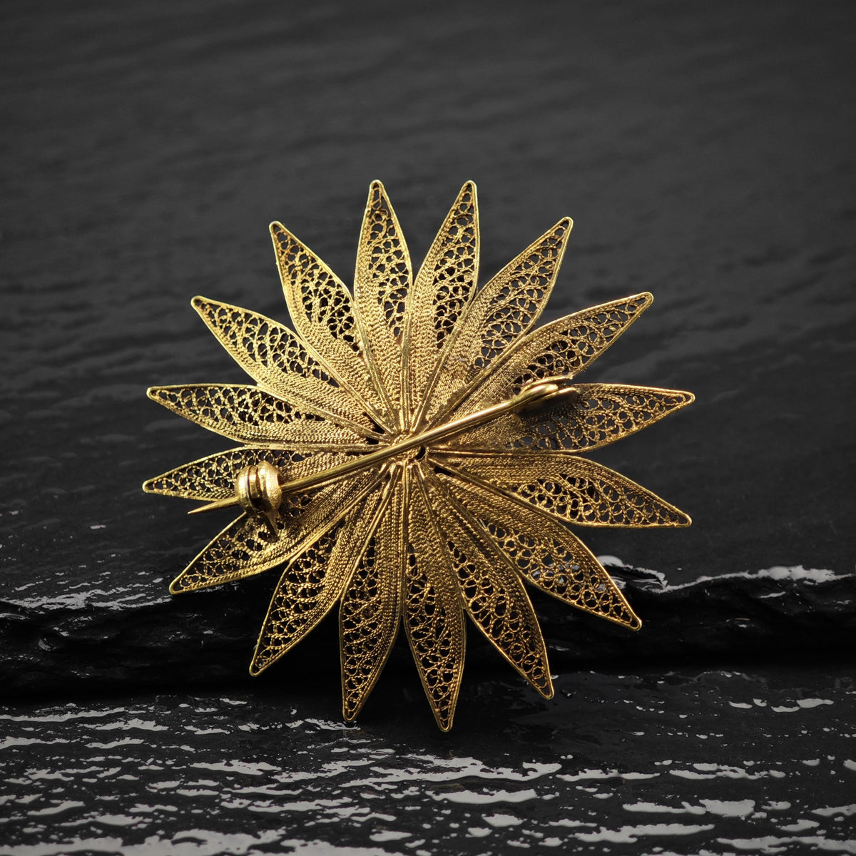 Floral Vermeil Gold Filigree Sterling Silver Brooch B2282