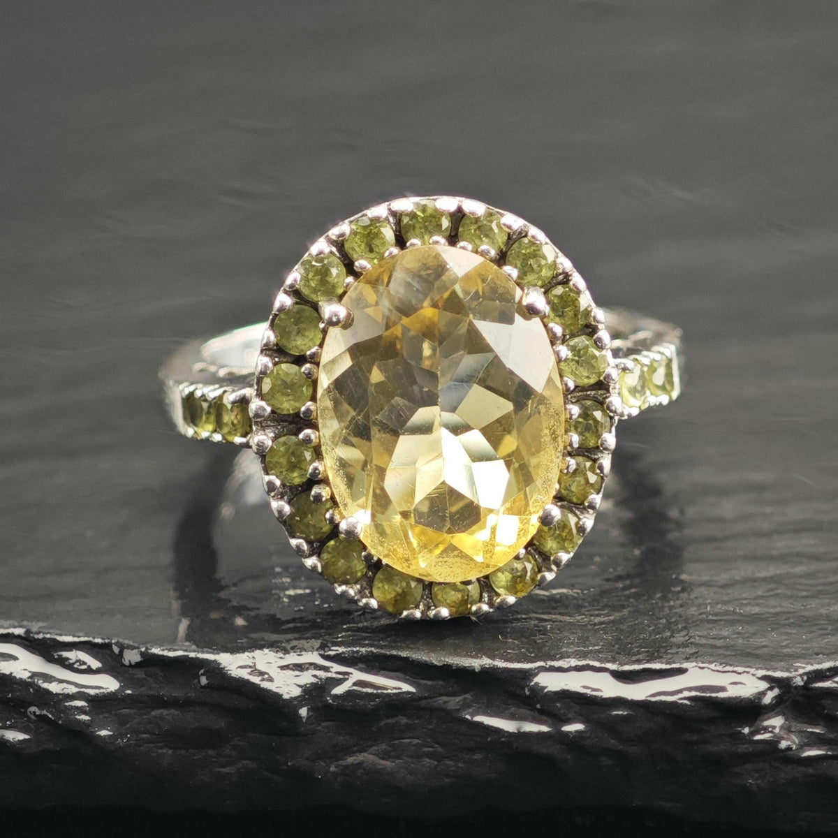 Oval Citrine, Peridot Sterling Silver Ring Sz 9 R6746