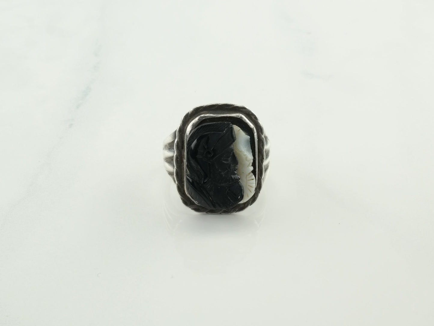 Victorian Silver Ring Agate Camei Sterling Size 8 3/4