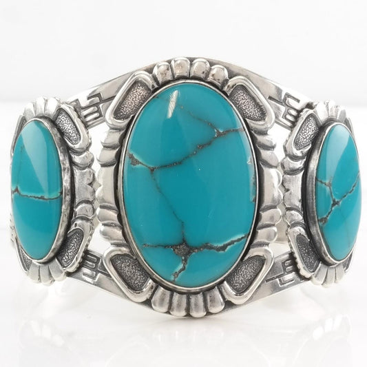 Fred Harvey Era Block Turquoise Cuff Bracelet Sterling Silver Blue Stamped