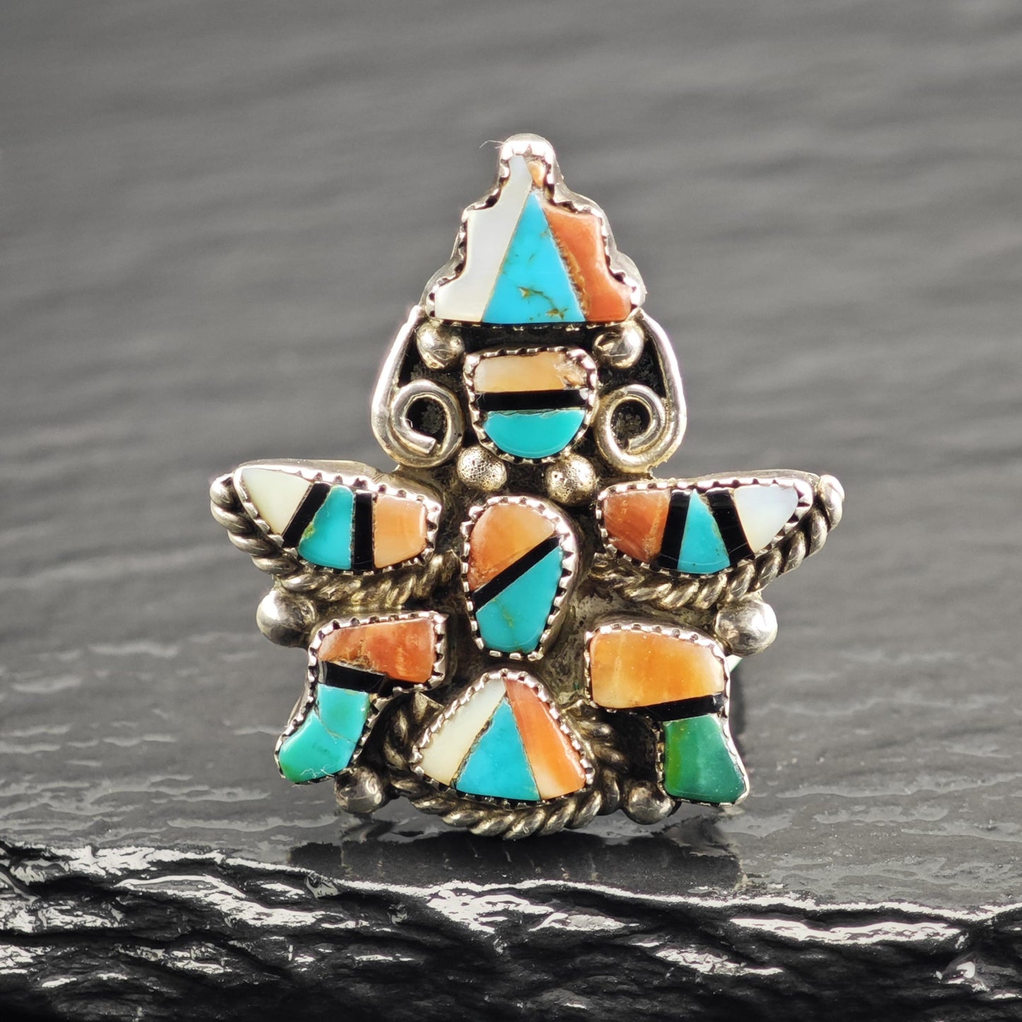 Zuni Inlay Dancer Sterling Silver Ring Sz 6 3/4 R6624