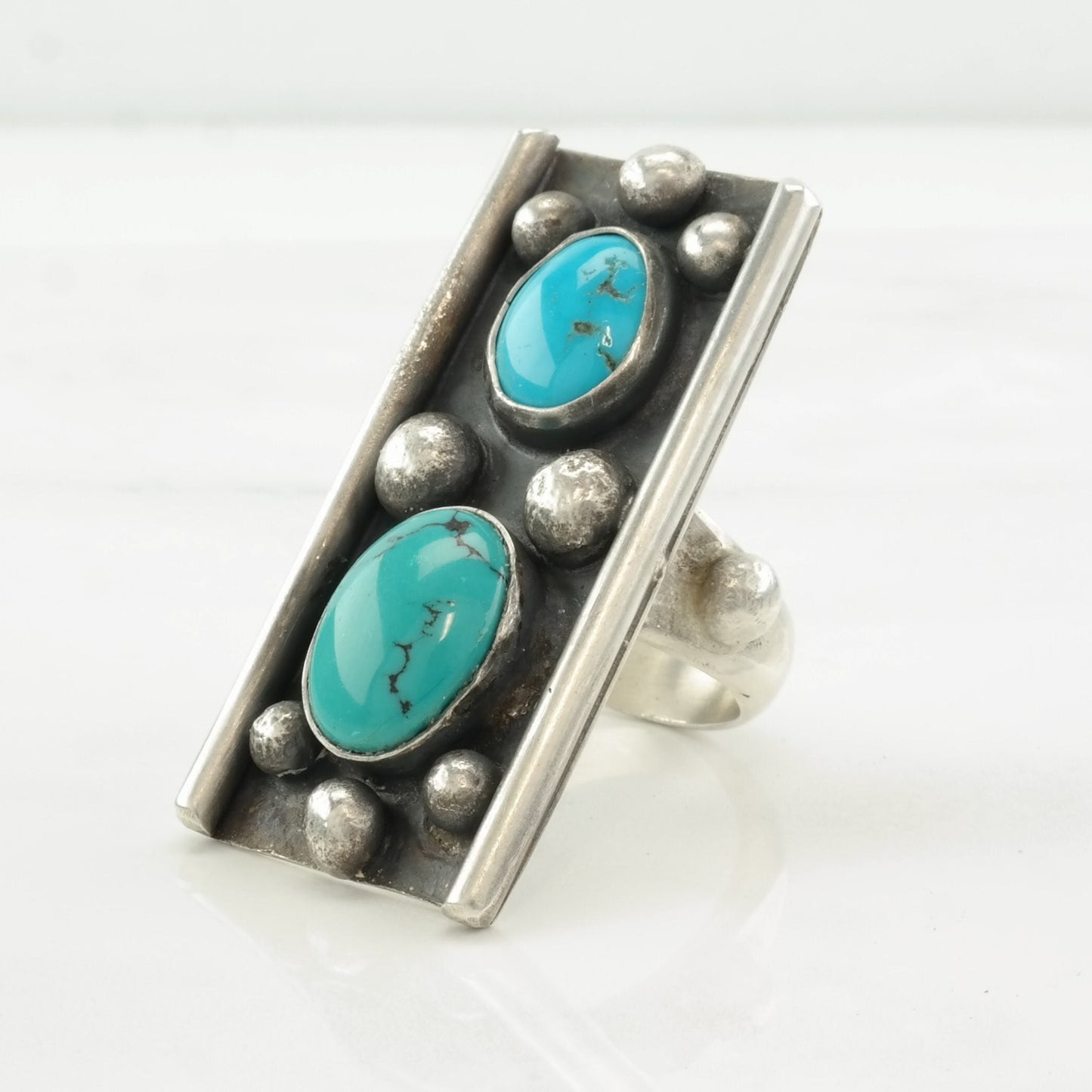 Vintage Native American Ring Turquoise Abstract Sterling Silver Size 8 1/4