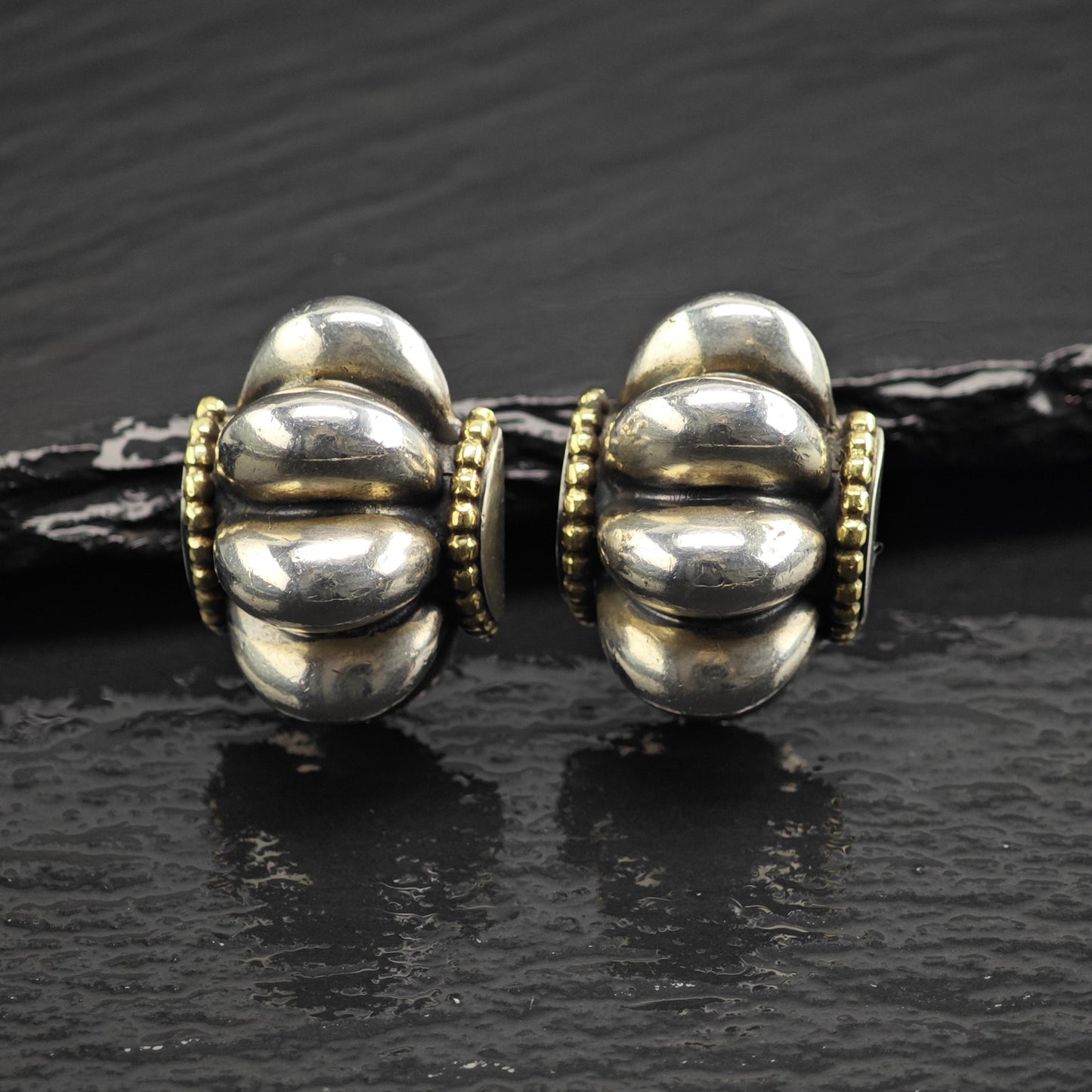 18K Gold Accent Scalloped Stud/Omega Back Sterling Silver Earrings ER3124