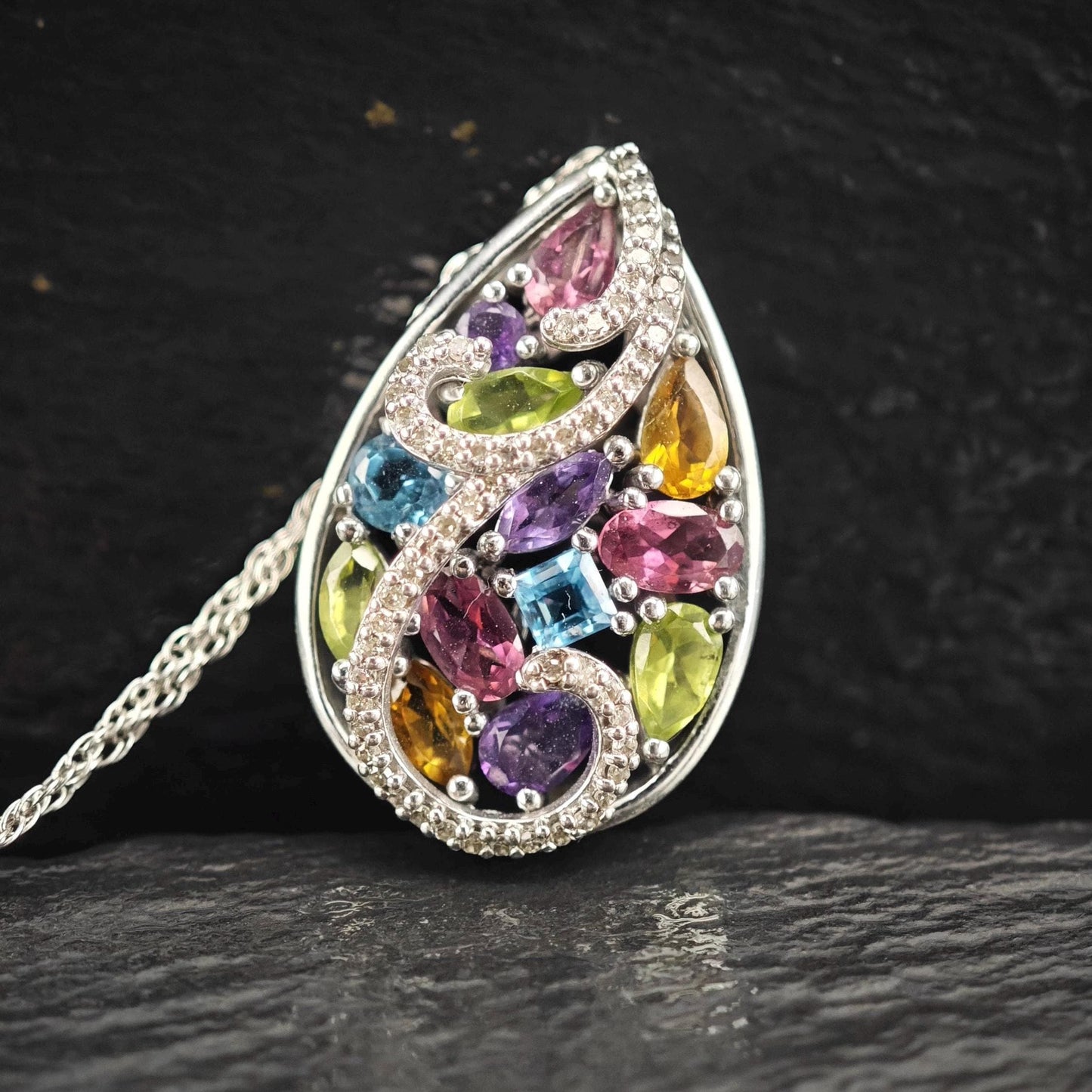 Designer Diamond, Amethyst, Gemstones Teardrop Necklace Sterling Silver N2516