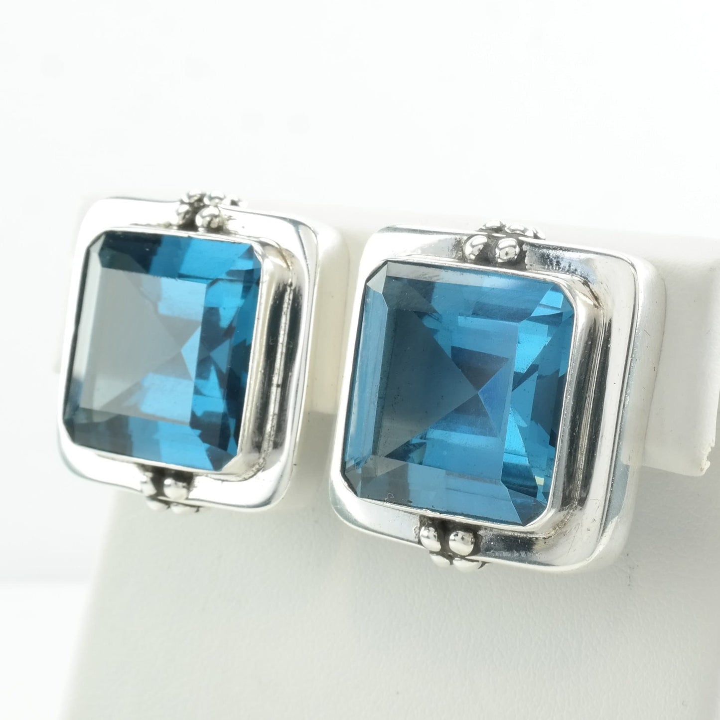 Modernist Sterling Silver Blue Large, Topaz Square Earrings Clip on