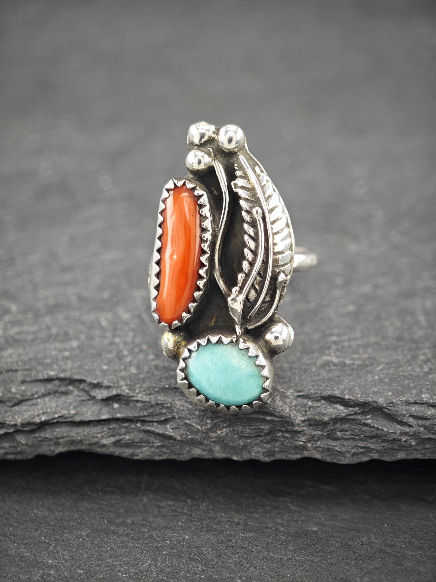 Native American, Coral, Turquoise Ring Sterling Silver