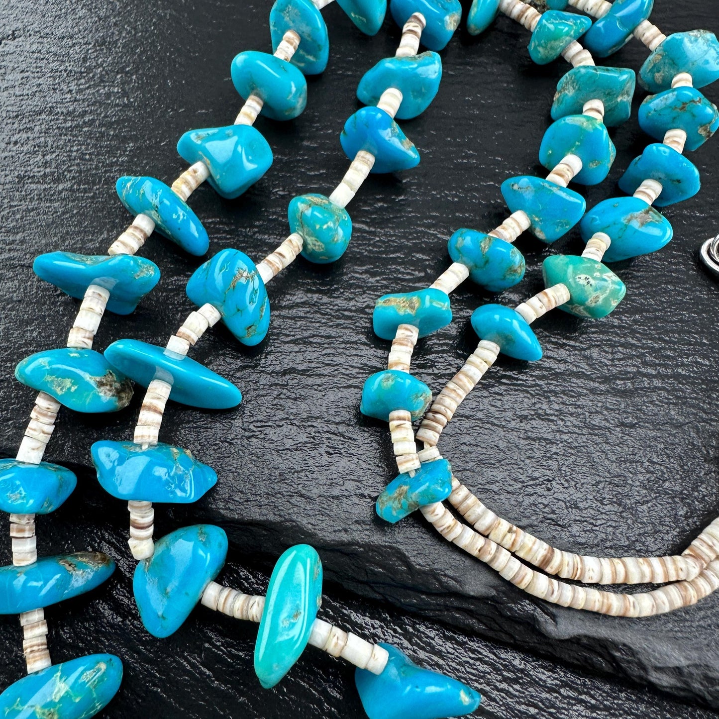 Sterling Silver Heishi Necklace with Blue Turquoise N2574