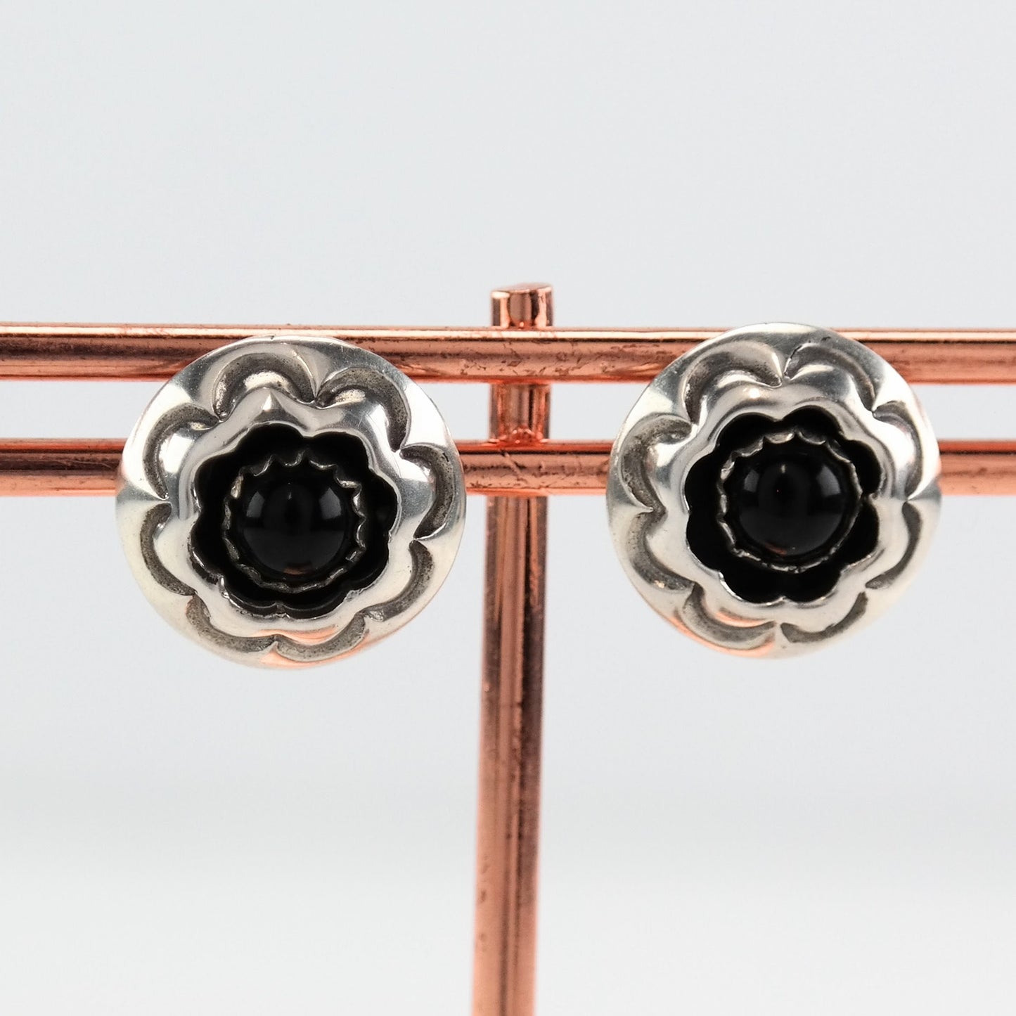 Southwest Sterling Silver Black Onyx Floral Earrings Stud