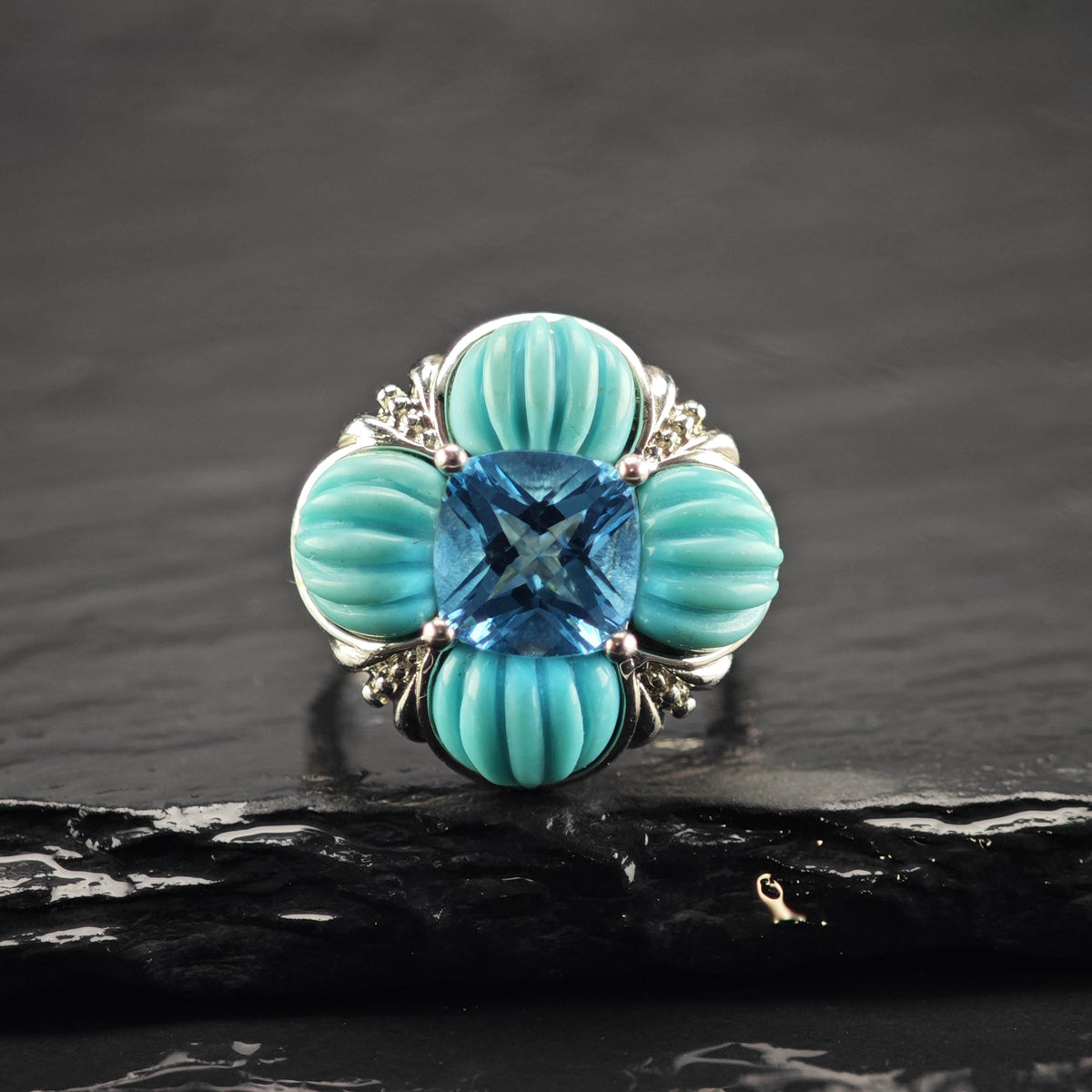Topaz & Block Turquoise Sterling Silver Flower Ring Sz 6 R6814