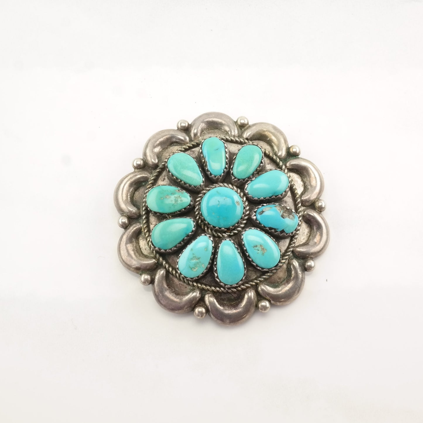 Native American Sterling Silver Brooch Pendant Flower Cluster Turquoise