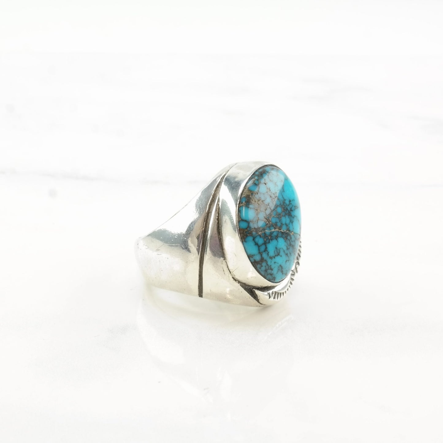 Native American Silver Ring Lone Mountain Spiderweb Turquoise Hairline Crack Sterling Size 8 1/4