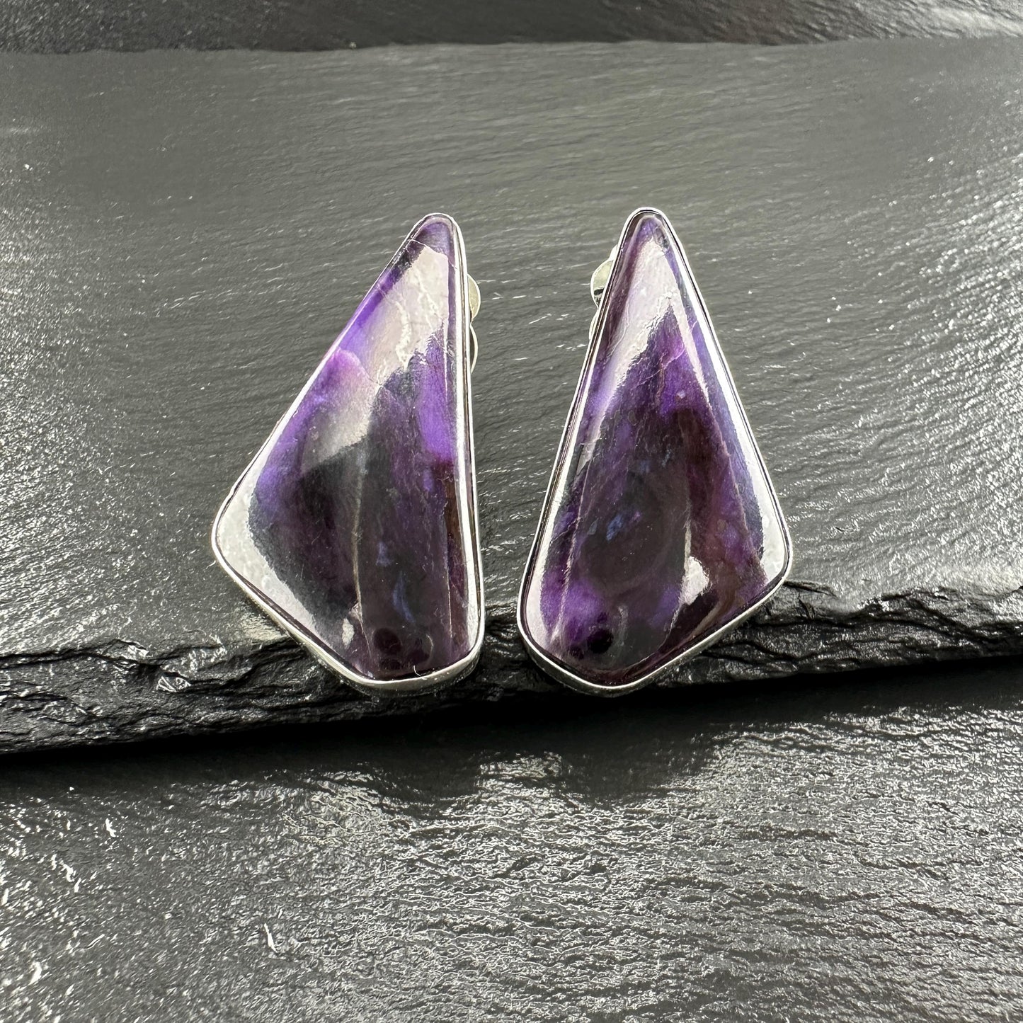 Vintage Purple Sugilite Sterling Silver Clip-On Earrings - Unique Abstract Design