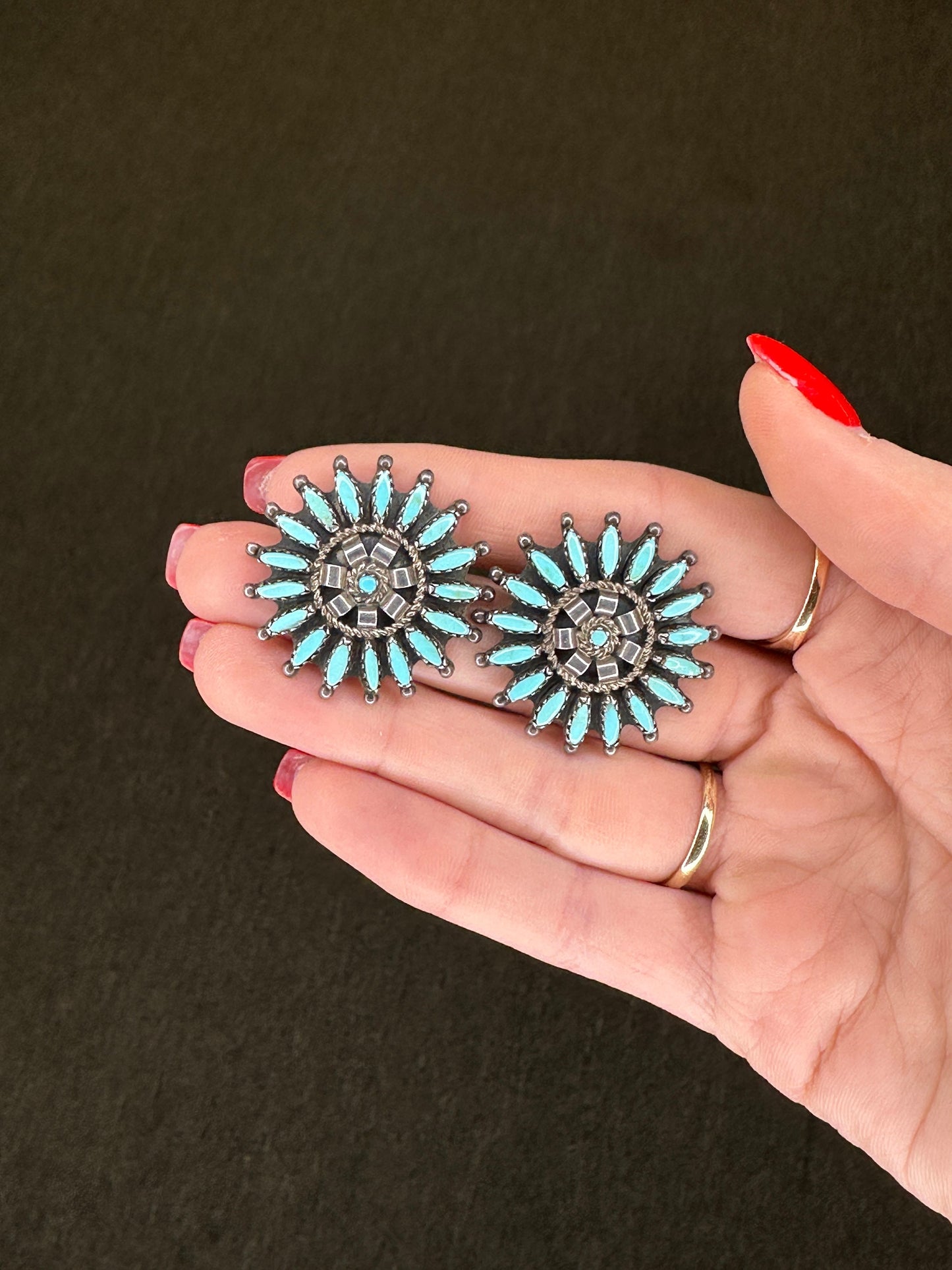 Native American Sterling Silver Blue Turquoise Petit Point, Floral Earrings Stud