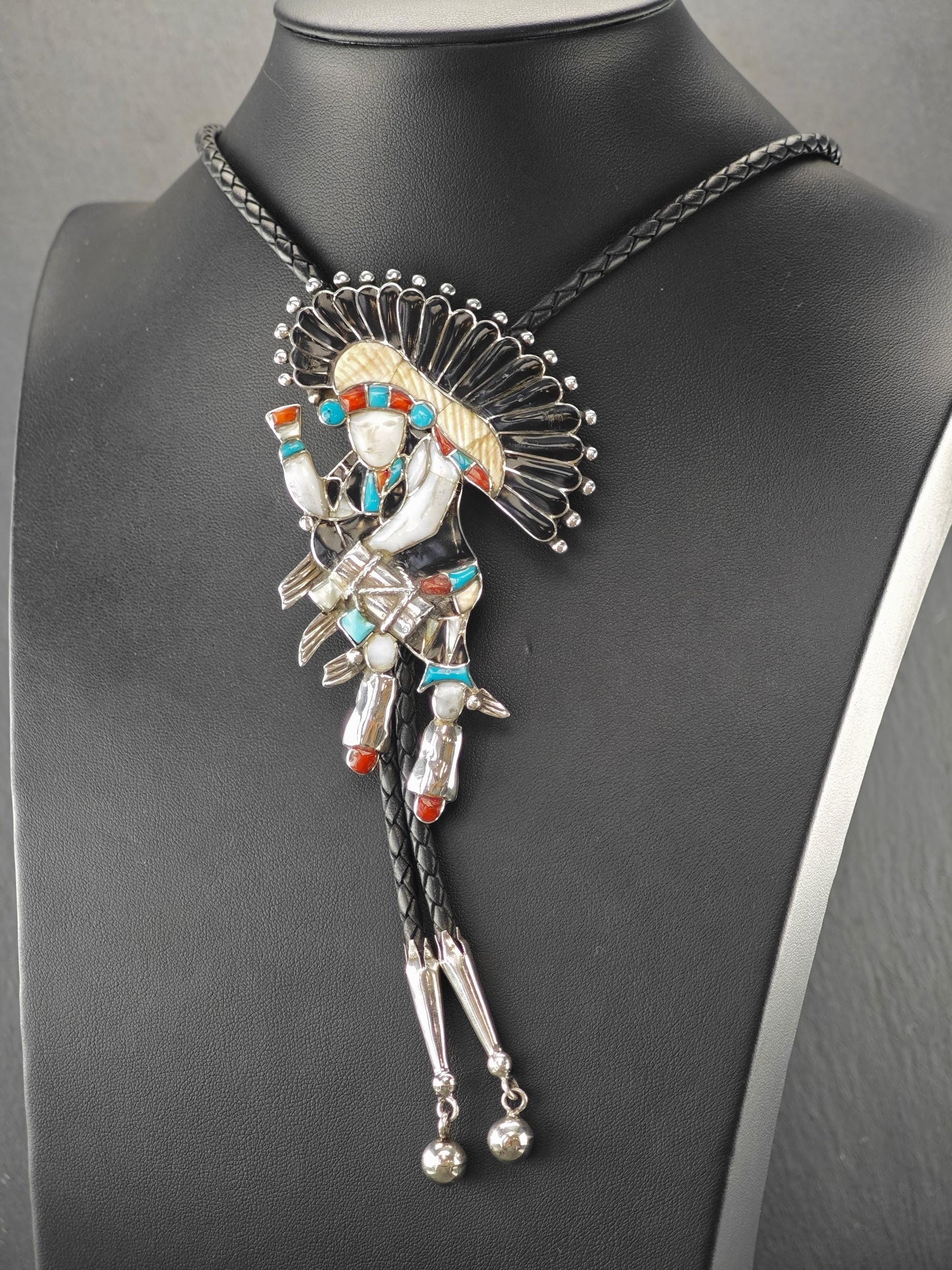 Sw Sterling Silver Inlay Drum Dancer, Kachina Bolo Tie Necklace N2429