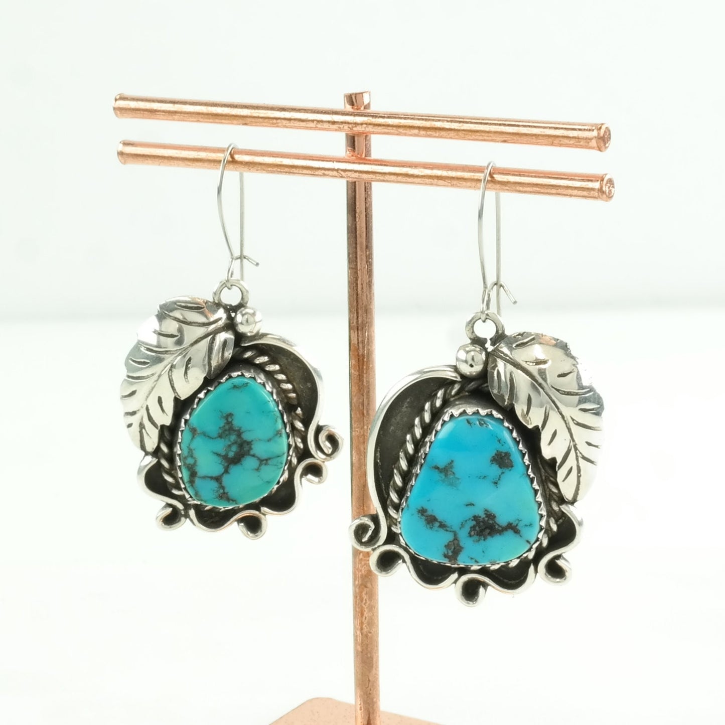 Vintage Sterling Silver Fish Hook/Dangle Earrings Native American Blue Turquoise Leaf