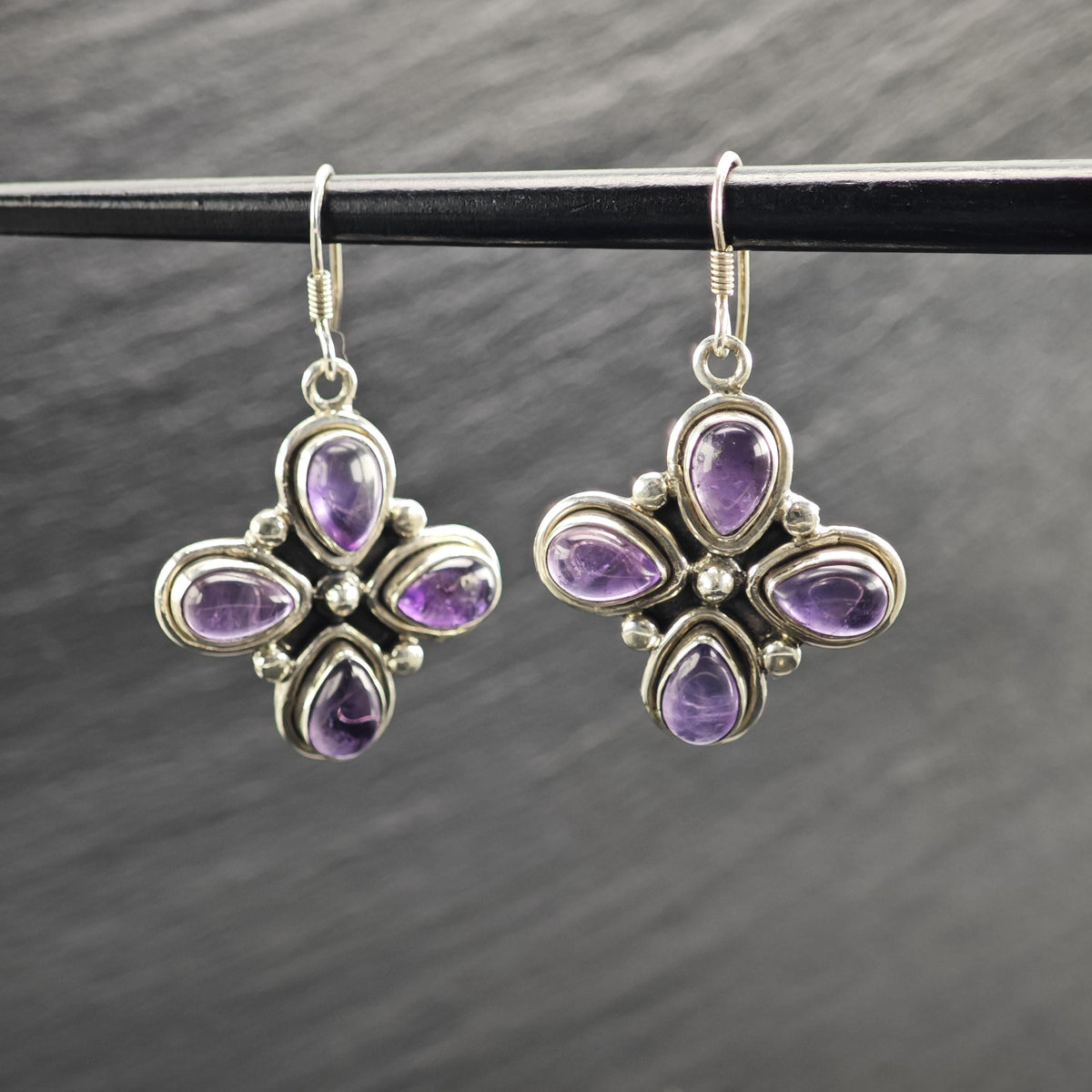 Amethyst Clover Design Dangle Sterling Silver Earrings ER3238