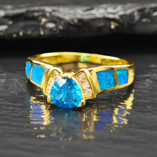 Blue Gemstone Lab Opal Inlay 14K Gold Plated Ring Sterling Silver Sz 7 3/4 R6175