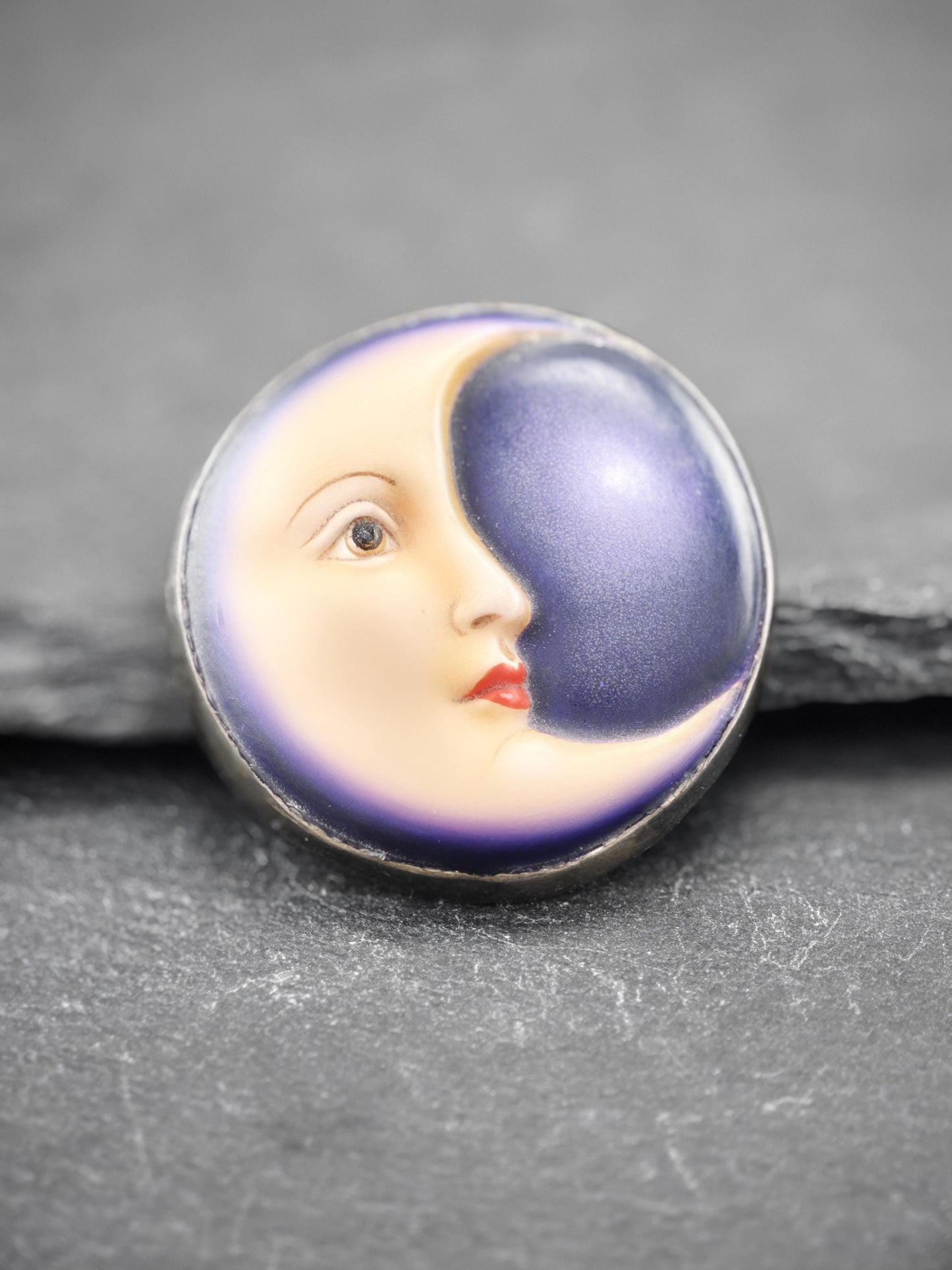 Sergio Bustamante Enamel, Moonface Brooch/Pendant Sterling Silver