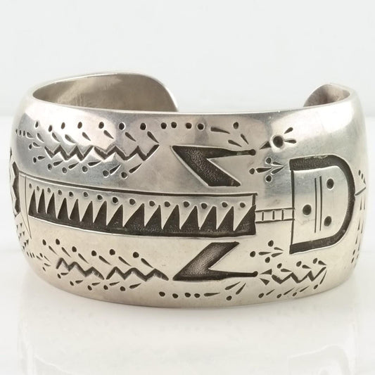 Vintage Native American, Begay Sterling Silver Cuff Bracelet Overlay Yei