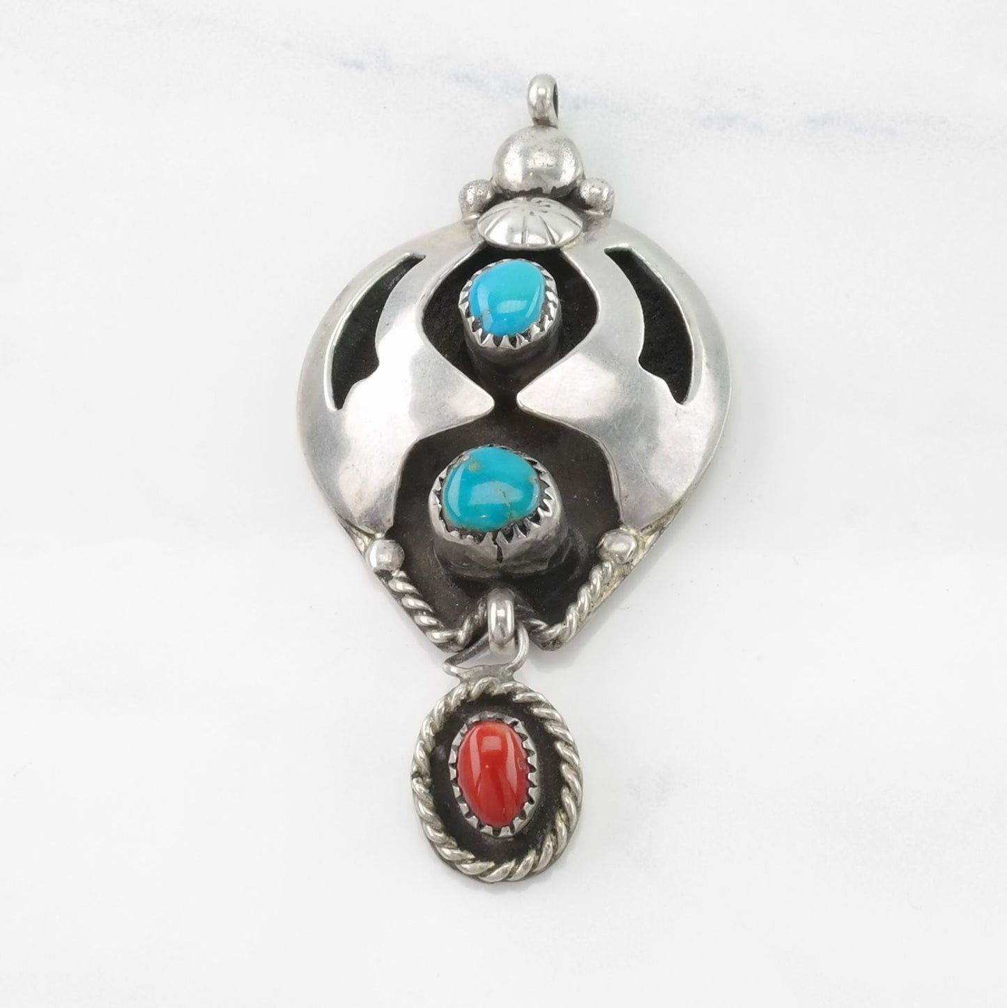 Native American Turquoise, Coral Shadowbox, Dangle Sterling Silver Pendant