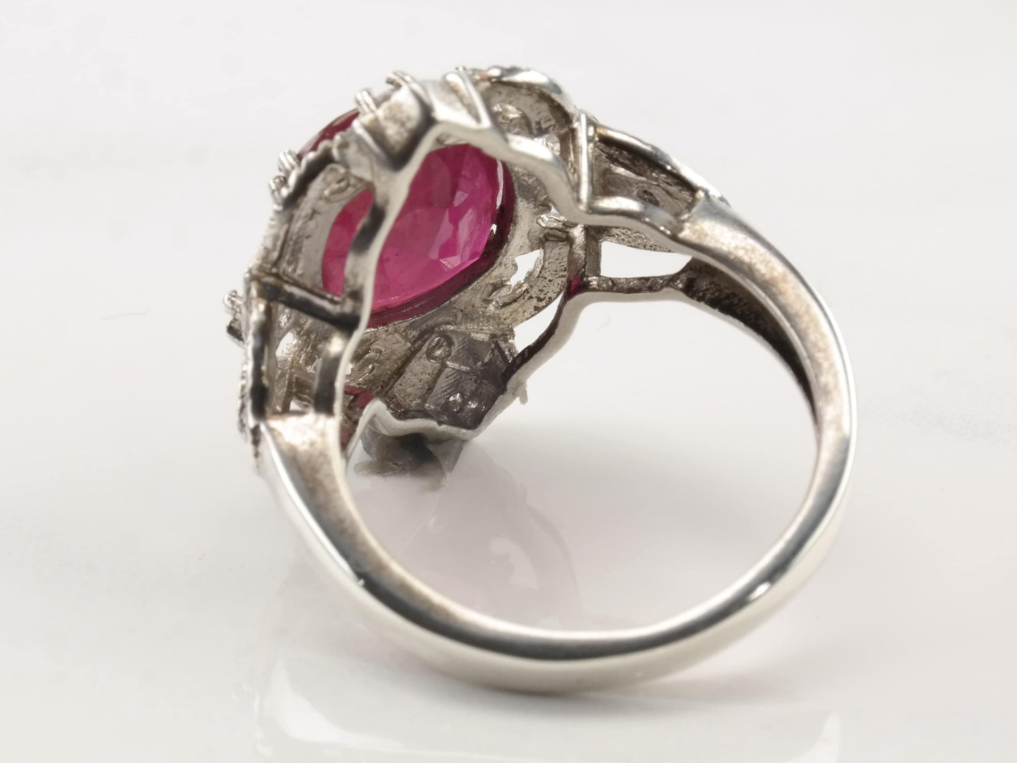 Vintage Modernist Silver Ring Glass Filled Ruby Sterling Size 8 1/4
