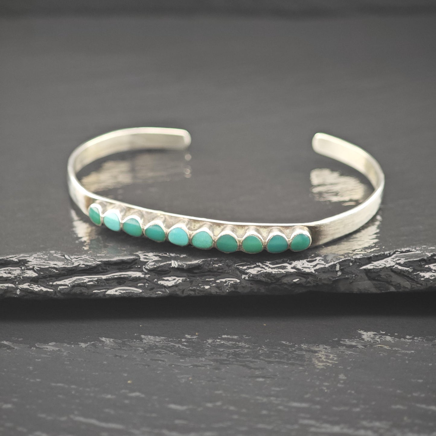 Native American Green Turquoise Inlay Cluster Cuff Bracelet Sterling Silver