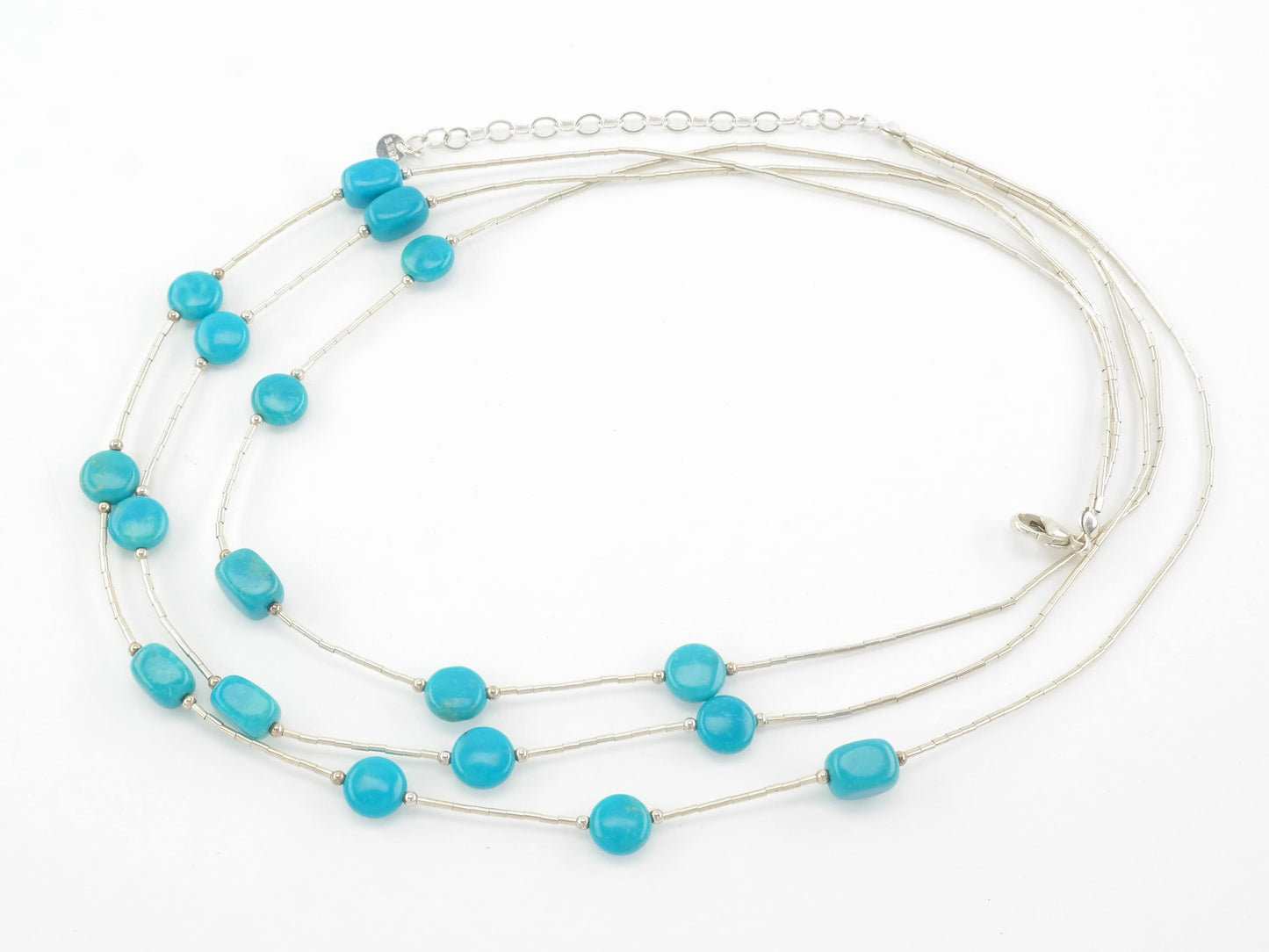 Southwest Sterling Silver Blue Turquoise 3 Strand, Liquid Silver Necklace