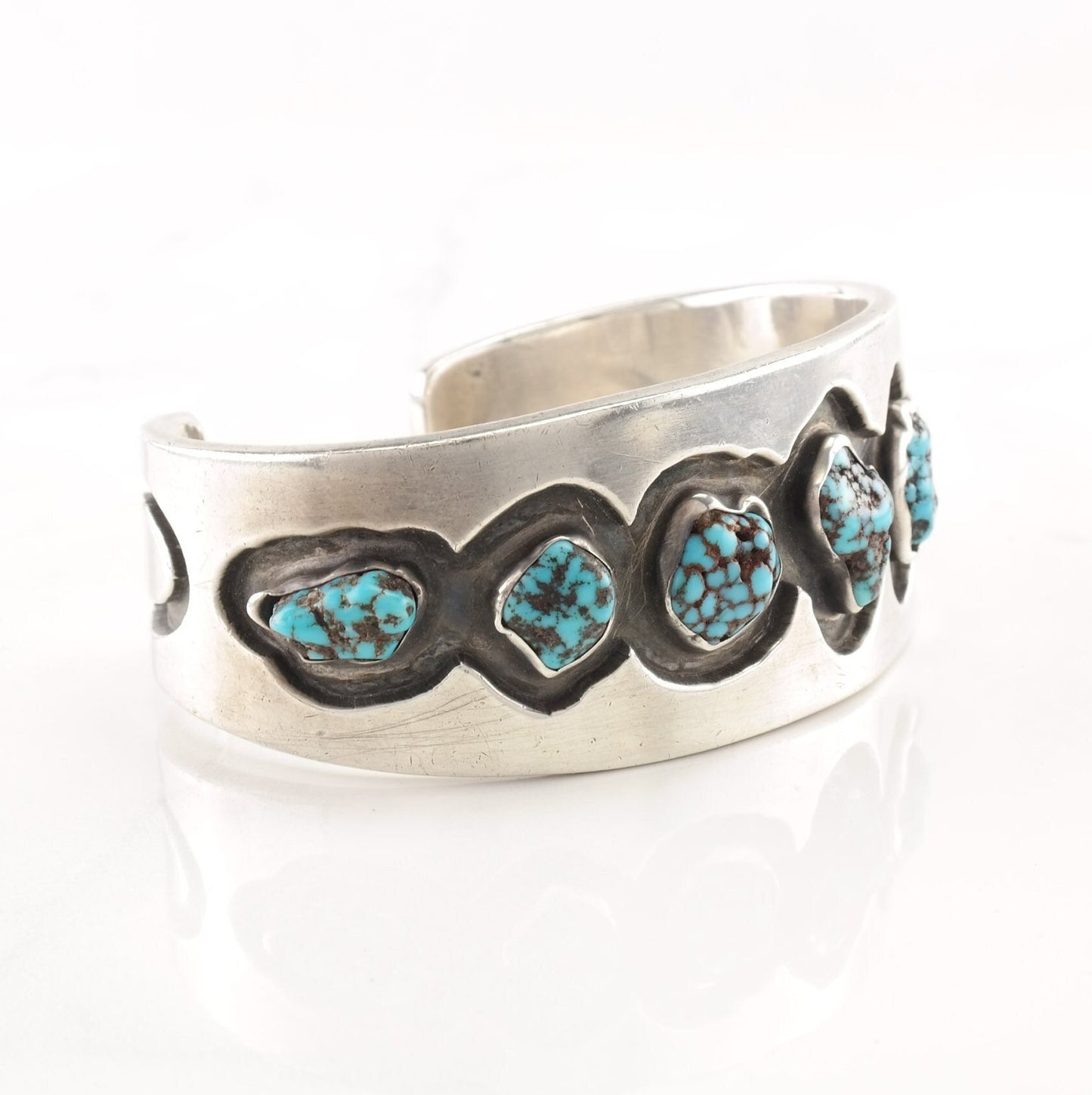 Native American Sterling Silver Cuff Bracelet Spiderweb Turquoise Nuggets