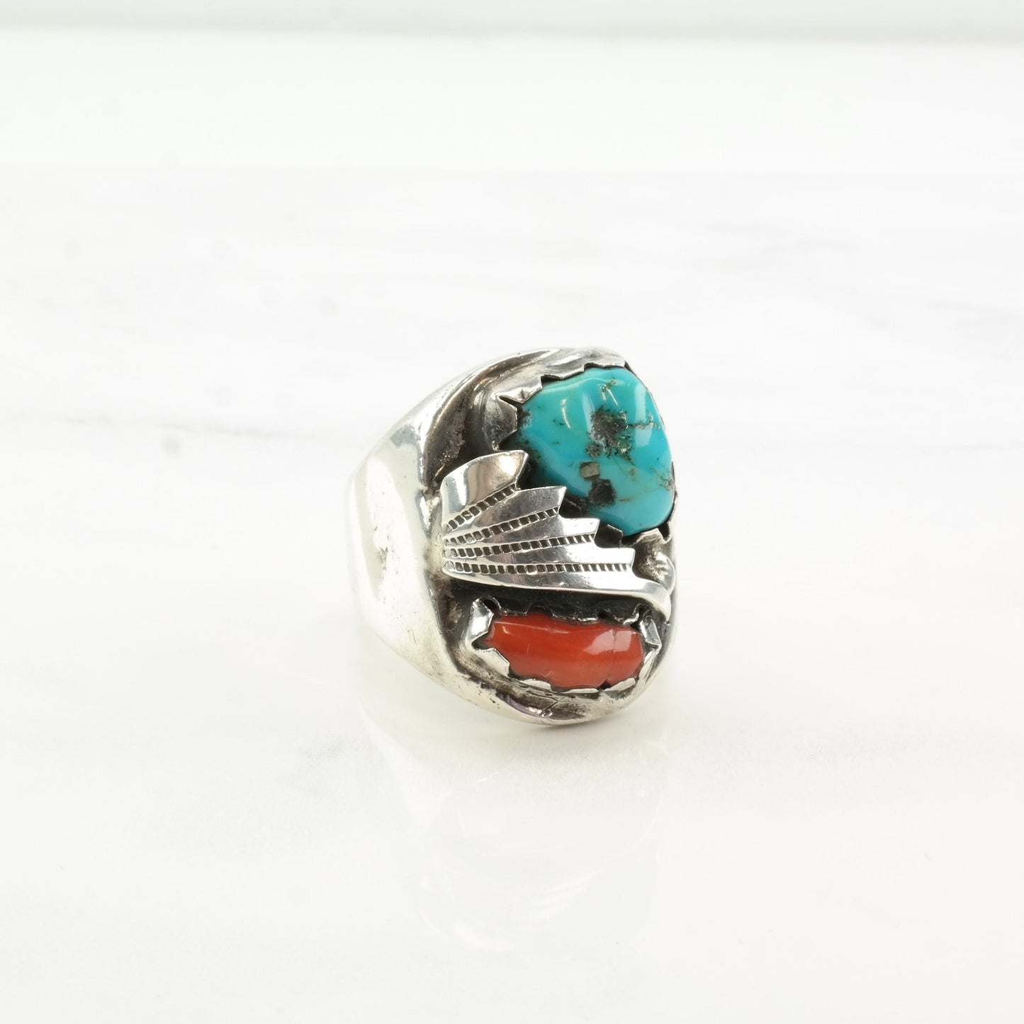 Native American Silver Ring Turquoise Coral Feather Sterling Size 12