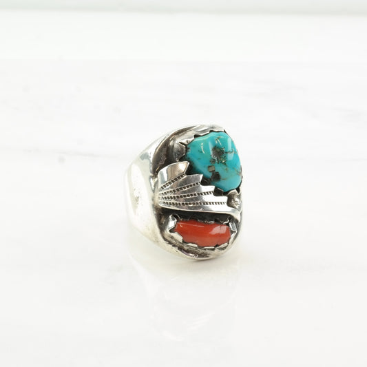 Native American Silver Ring Turquoise Coral Feather Sterling Size 12