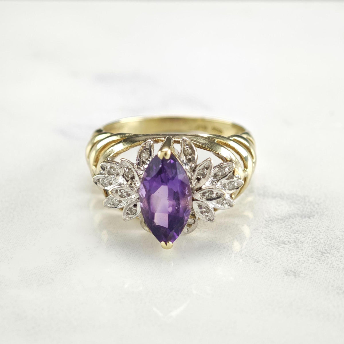 Marquis Amethyst & Diamond 10K Gold Ring Sz 7 1/2 R6771